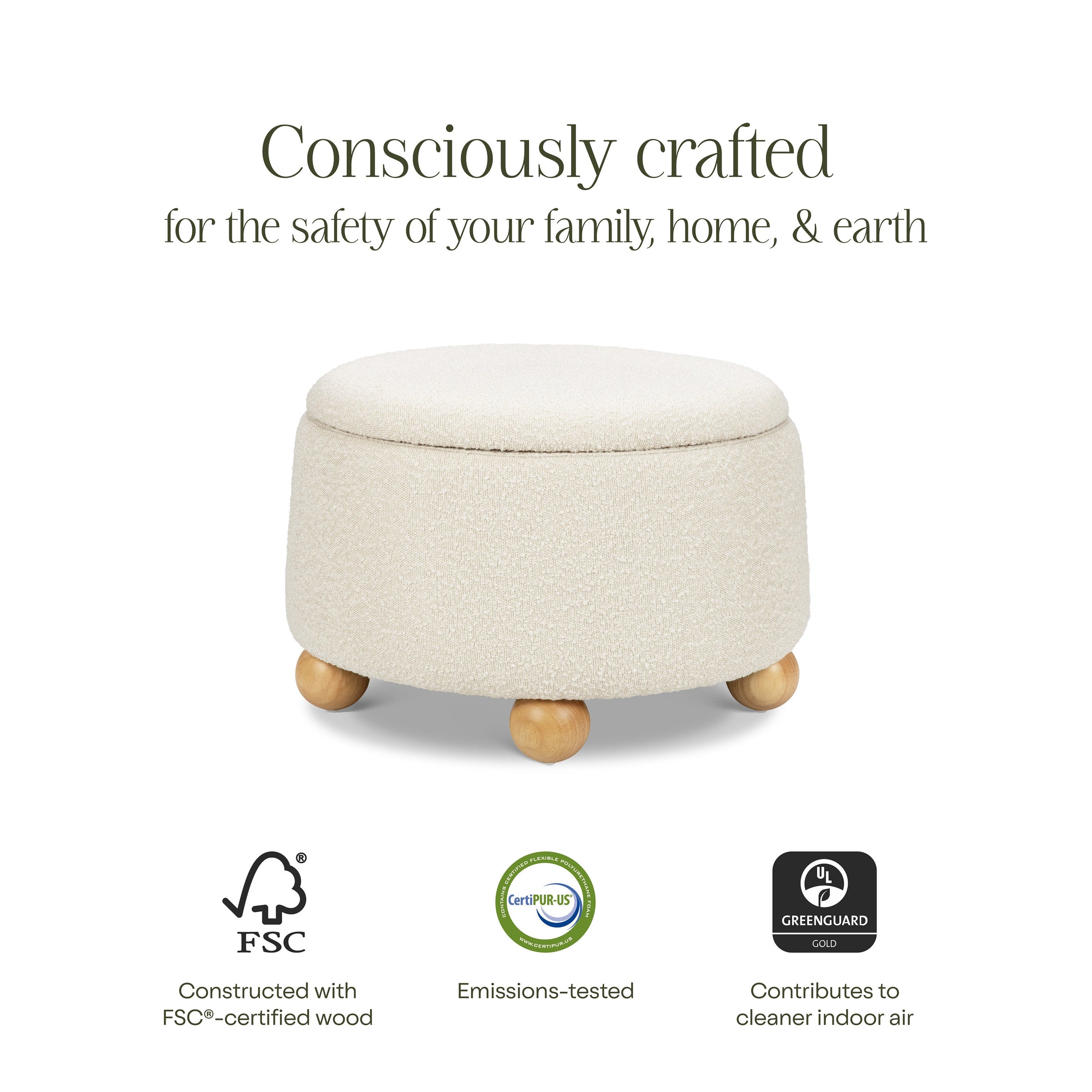 M30985PWBHF,Tuffet Storage Ottoman in Performance Ivory Boucle w/Honey Ball Feet