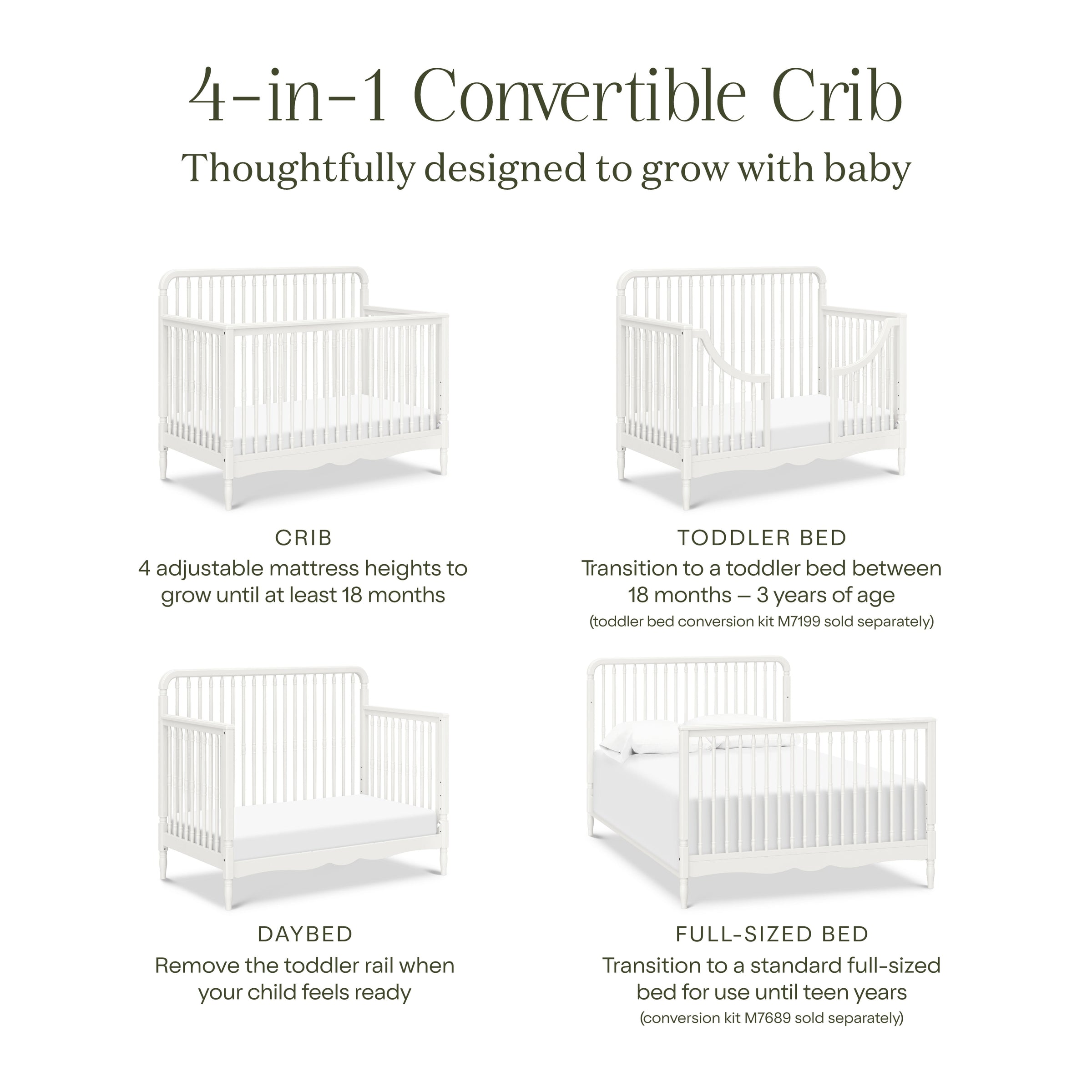 M7141RW,Liberty 4-in-1 Convertible Spindle Crib in Warm White
