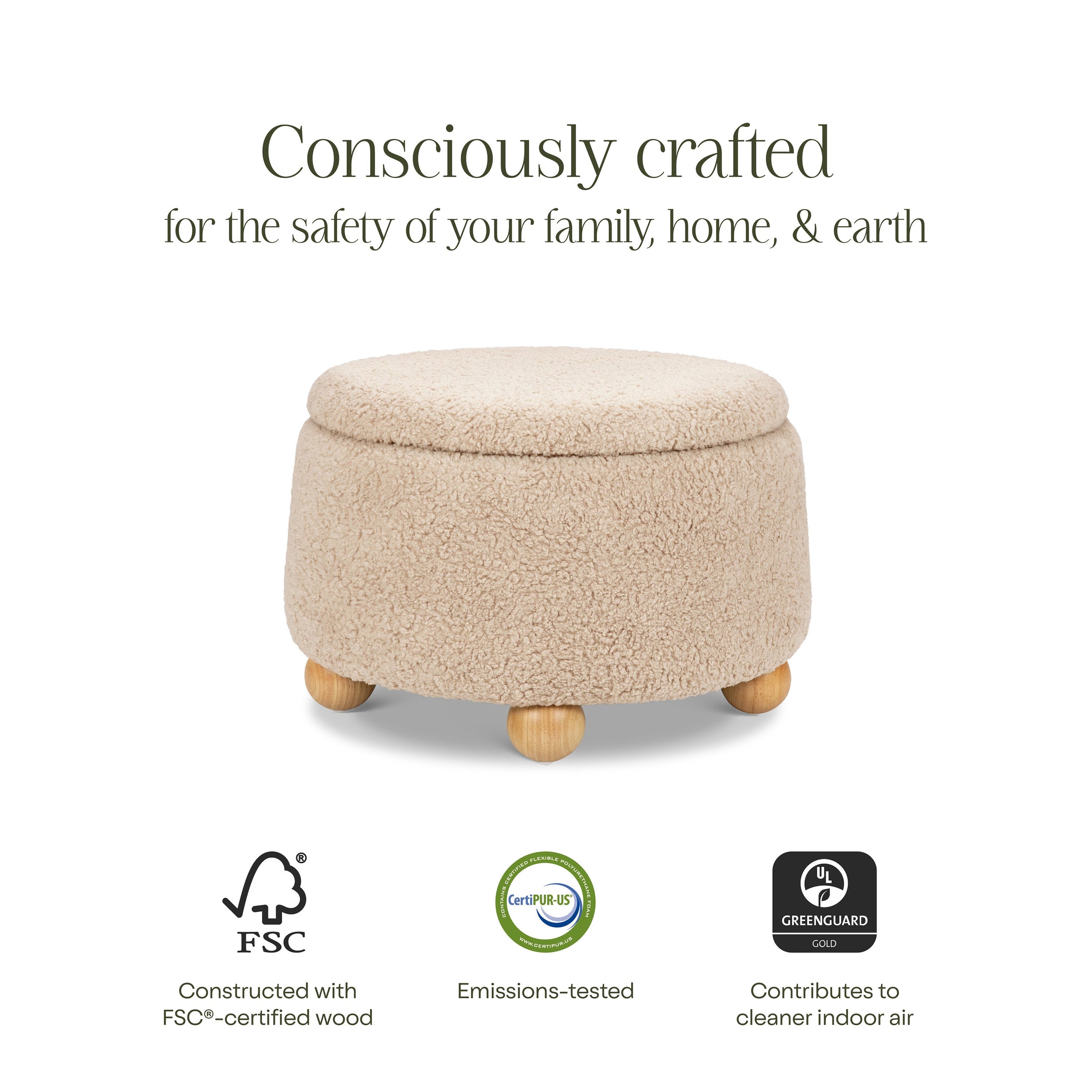 M30985CSGHF,Tuffet Storage Ottoman in Chai Shearling w/Honey Ball Feet