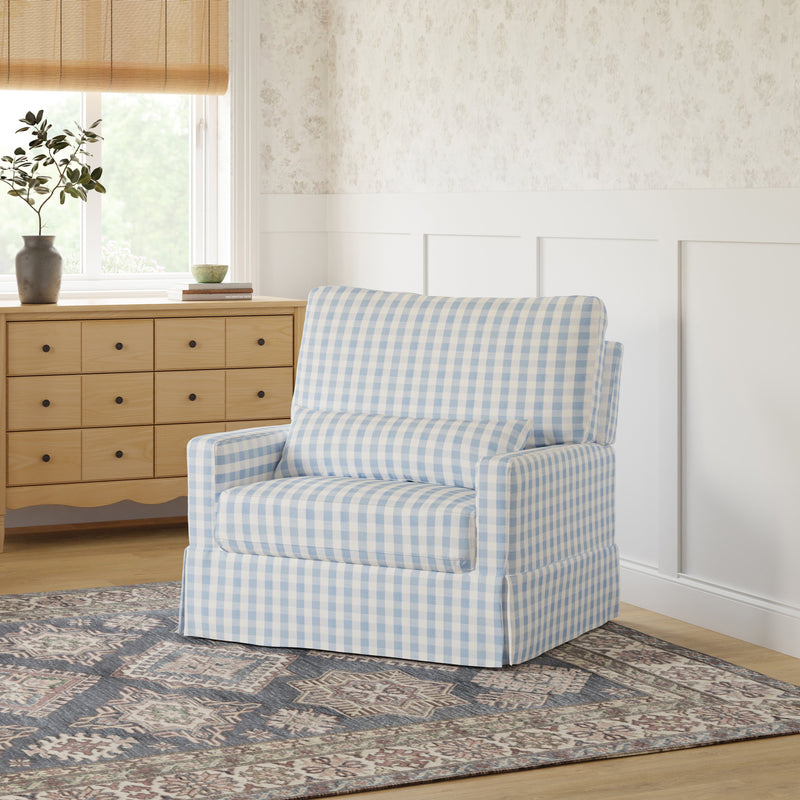 M21797BGH,Crawford Chair and a Half Pillowback Swivel Glider in Blue Gingham
