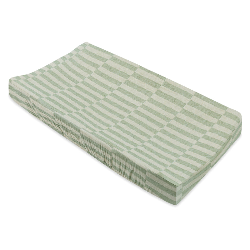T30537,Moss Stripe Quilted Muslin Changing Pad Cover in GOTS Certified Organic Cotton