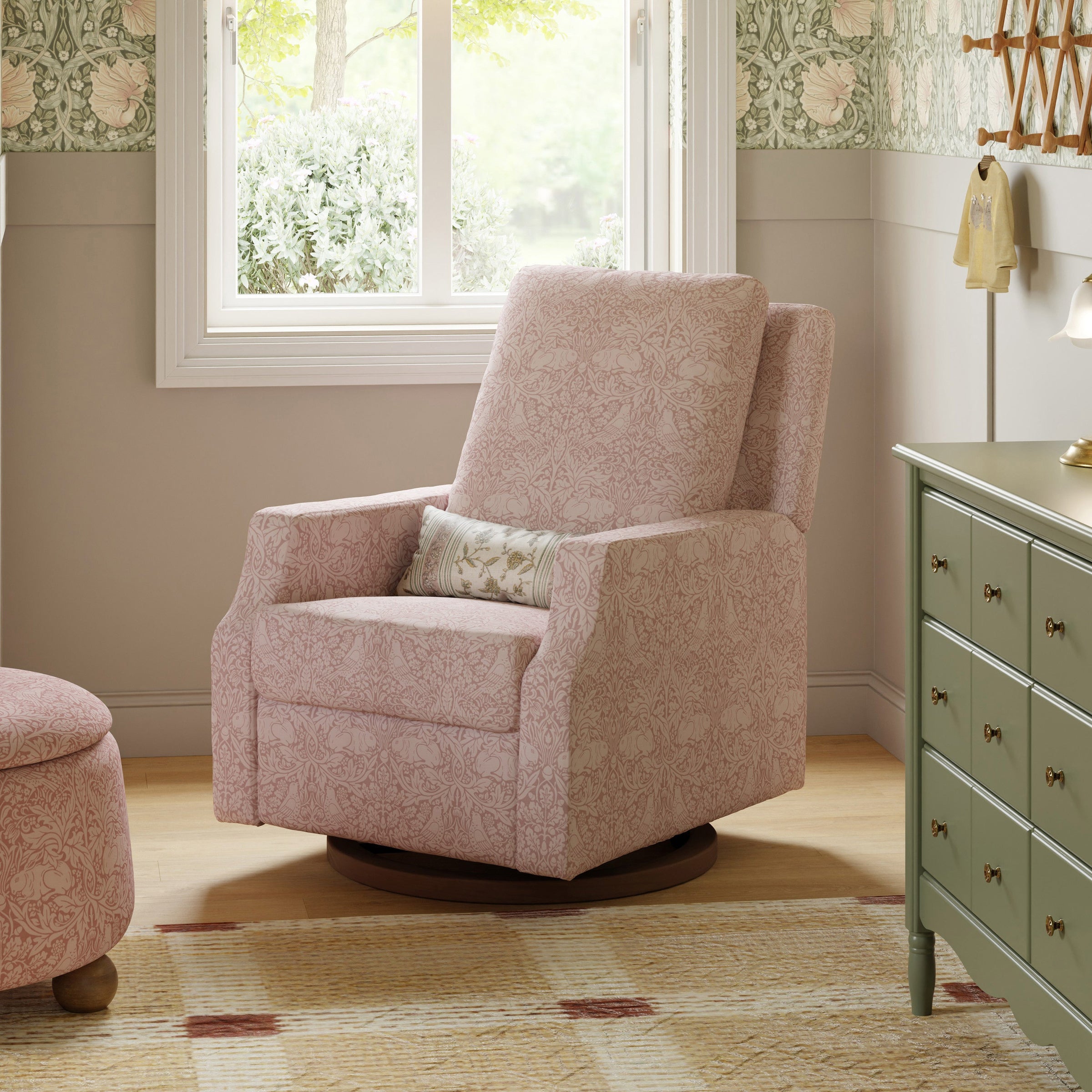 M22287PBRRDB,Crewe Recliner and Swivel Glider in Pure Brer Rabbit in Rose w/Dark Wood Base
