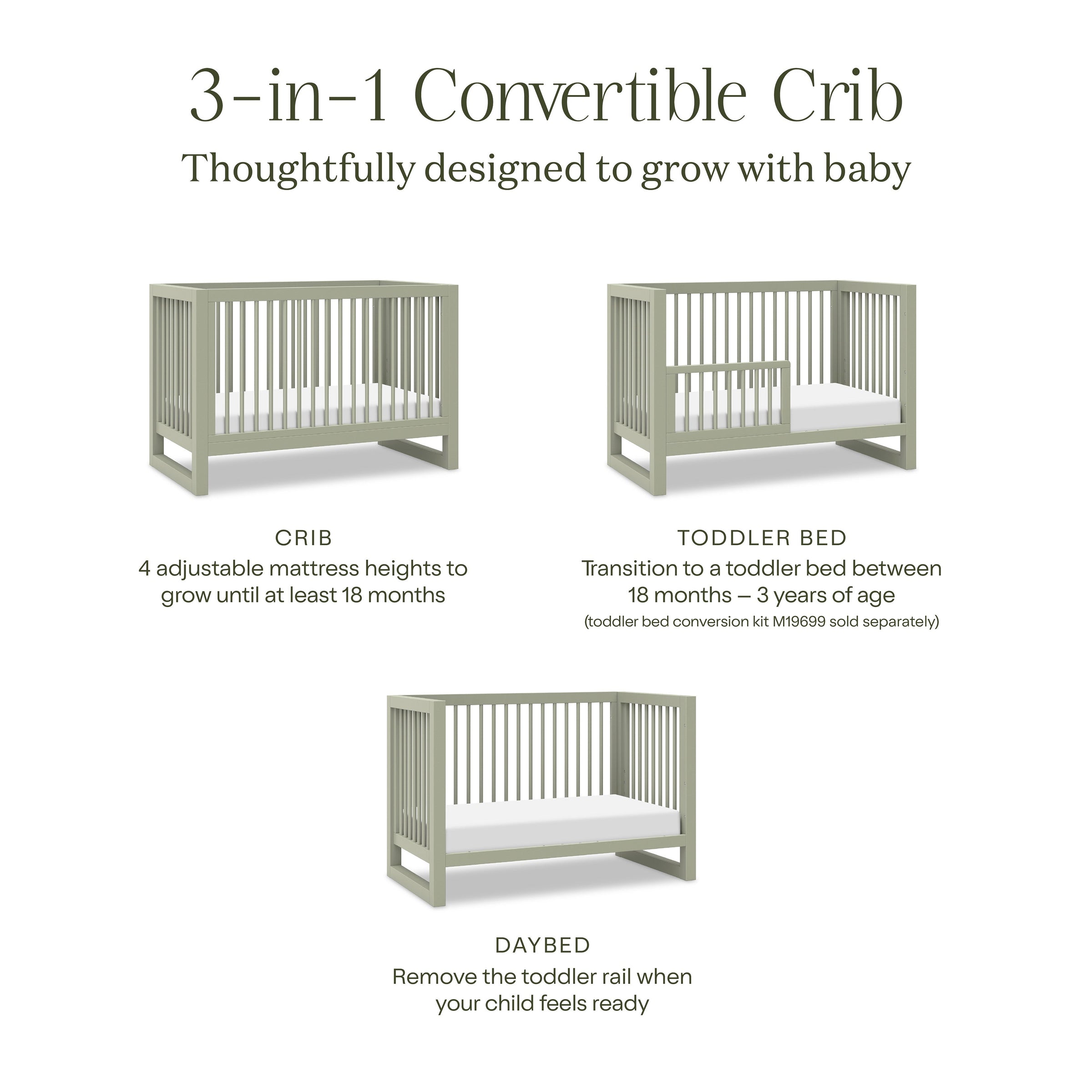M23301FS,Nantucket 3-in-1 Convertible Crib w/Toddler Bed Conversion Kit in French Sage