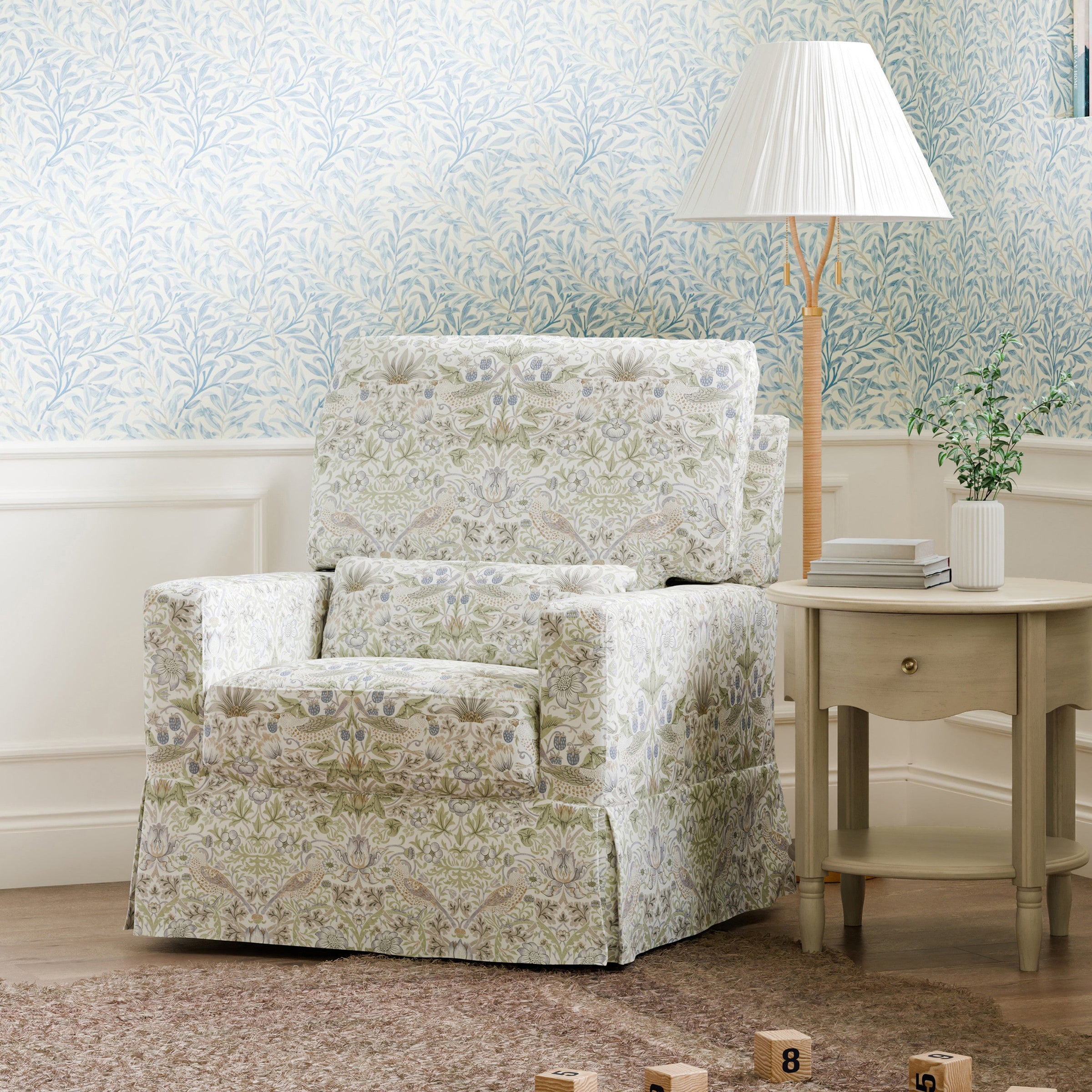 M21787TTFT,Crawford Pillowback Comfort Swivel Glider in Strawberry Thief in Fig & Thyme