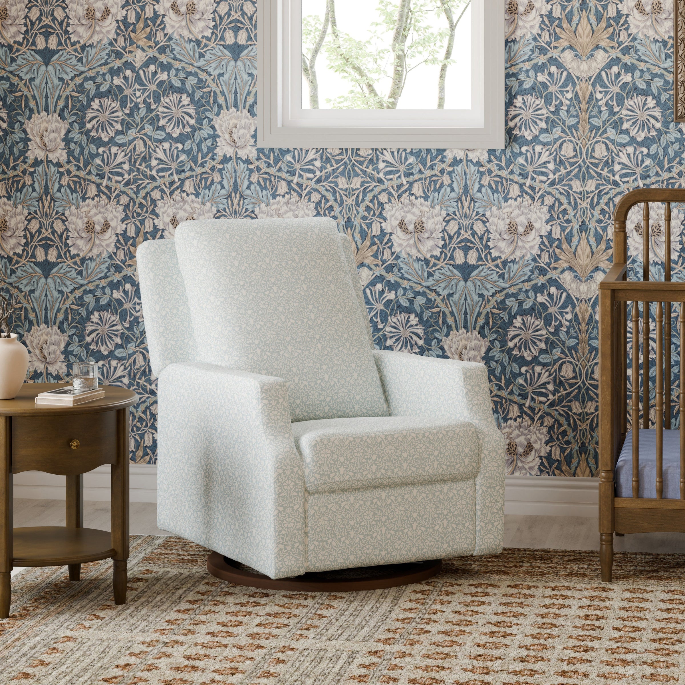 M22287BPBDB,Crewe Recliner and Swivel Glider in Bellflowers in Powdered Blue w/Dark Wood Base