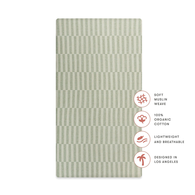 T30535,Moss Stripe Muslin Crib Sheet in GOTS Certified Organic Cotton