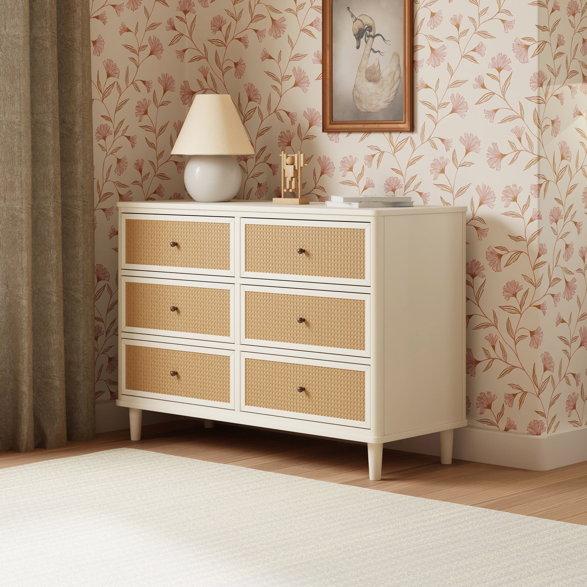 M23716RWHC,Marin with Cane 6 Drawer Assembled Dresser in Warm White and Honey Cane