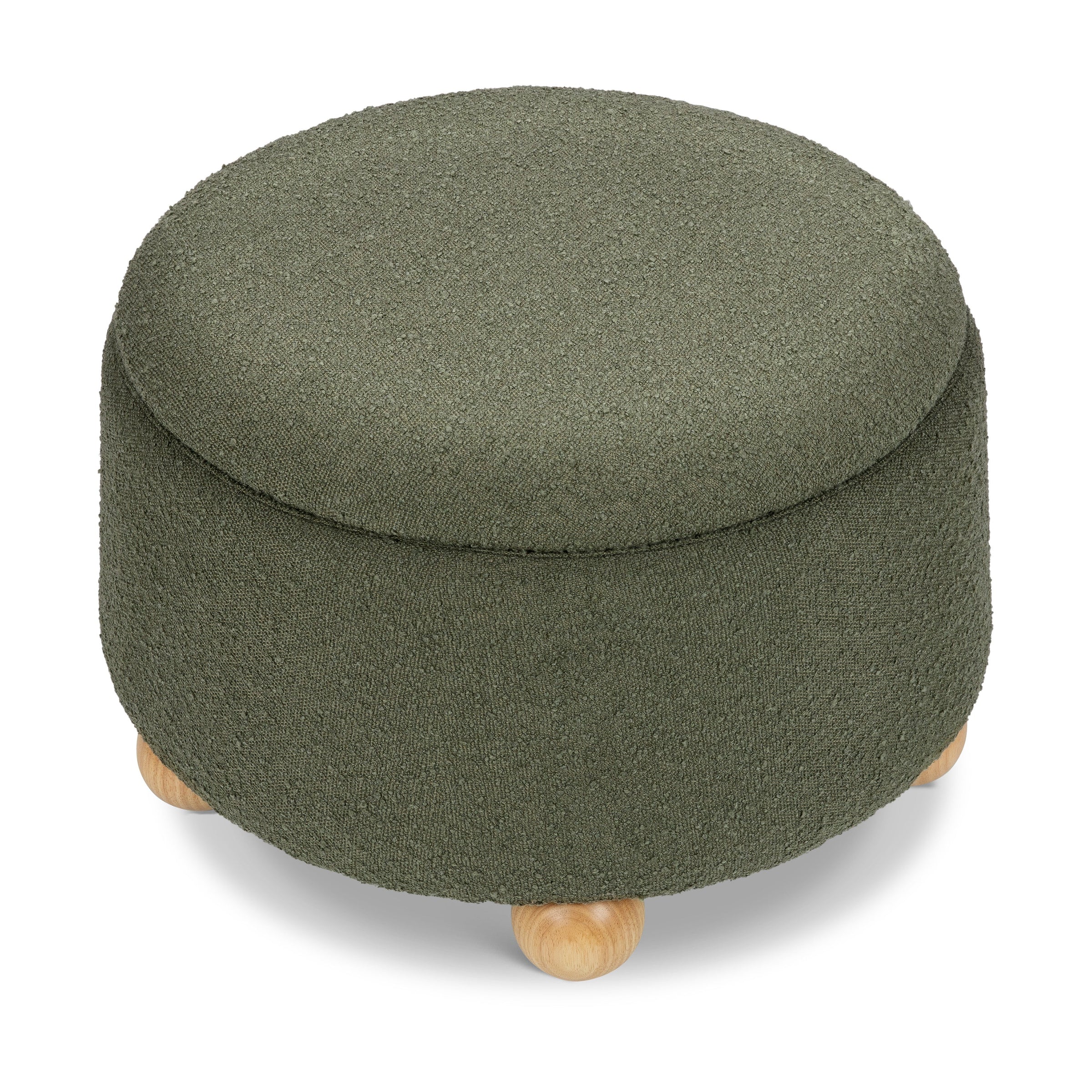 M30985POBHF,Tuffet Storage Ottoman in Performance Olive Boucle w/Honey Ball Feet
