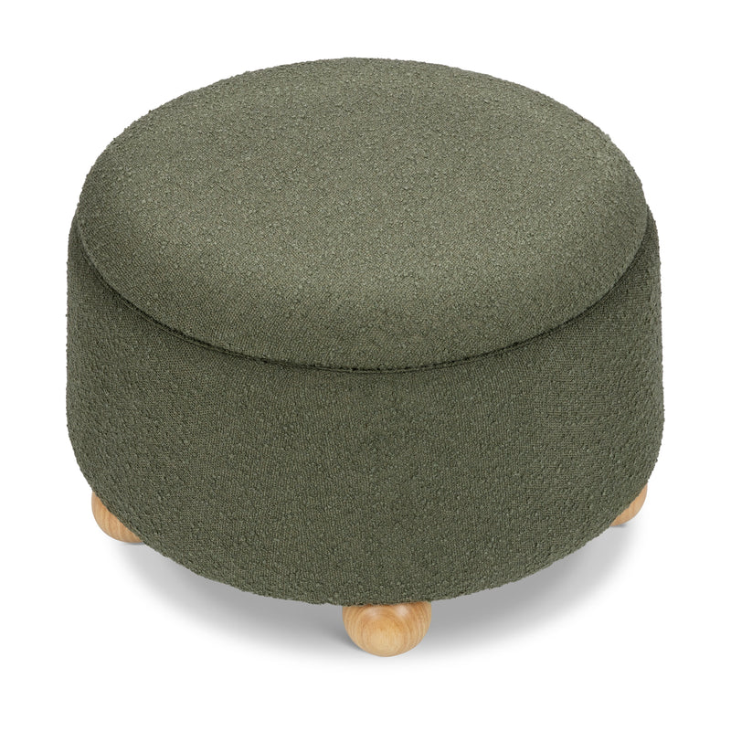 M30985POBHF,Tuffet Storage Ottoman in Performance Olive Boucle w/Honey Ball Feet
