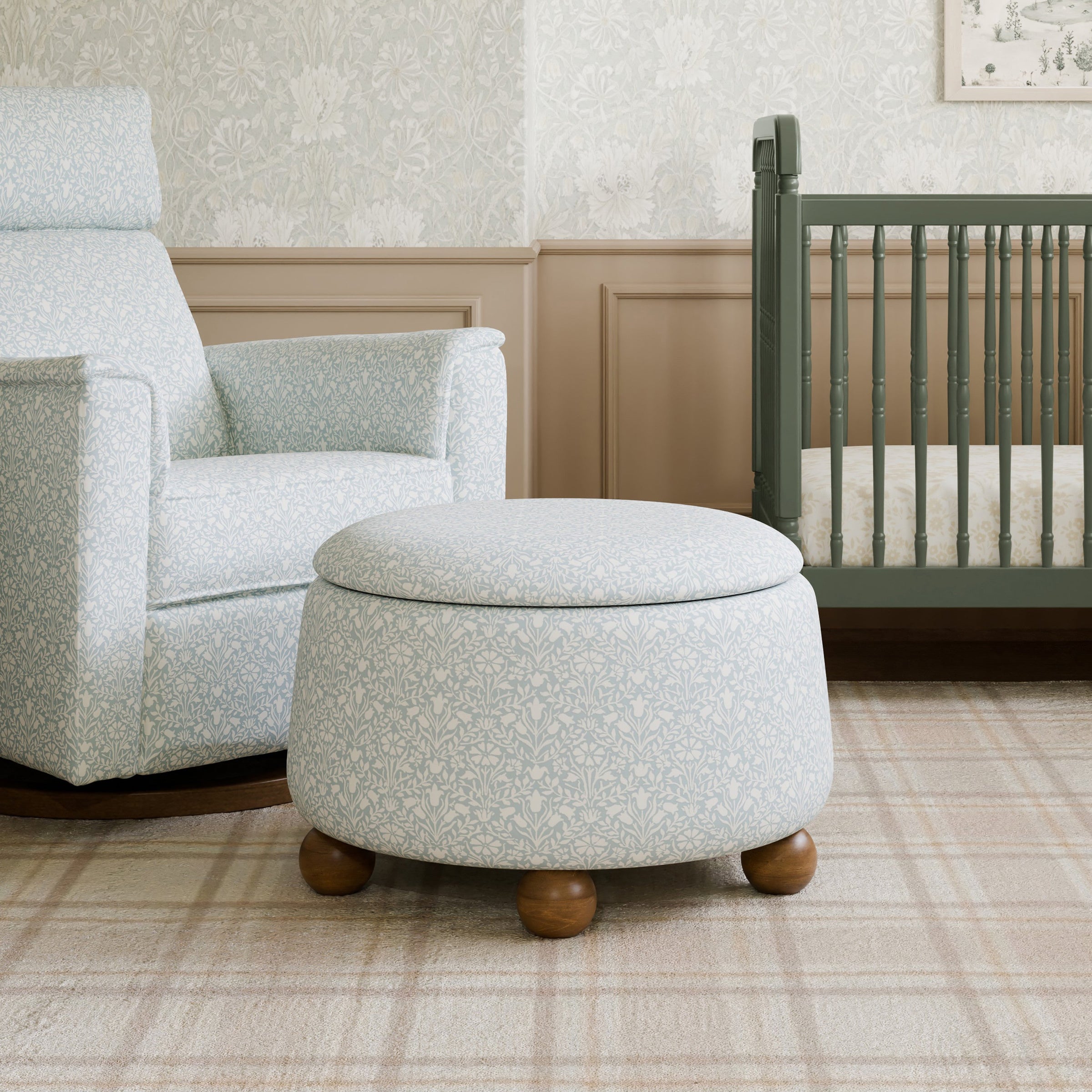 M30985BPBDF,Tuffet Storage Ottoman Bellflowers in Powdered Blue w/DarkWood Ball Feet