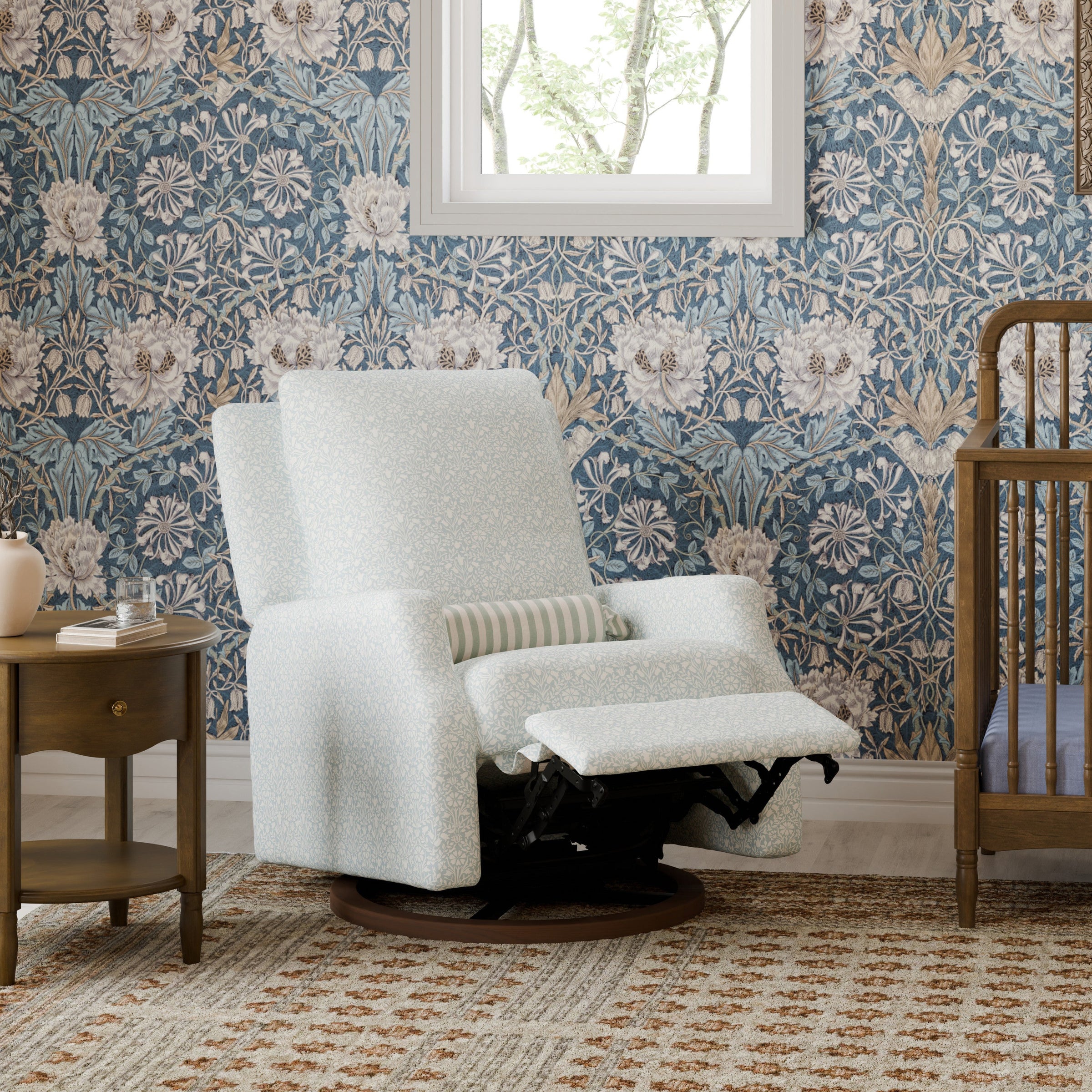 M22287BPBDB,Crewe Recliner and Swivel Glider in Bellflowers in Powdered Blue w/Dark Wood Base