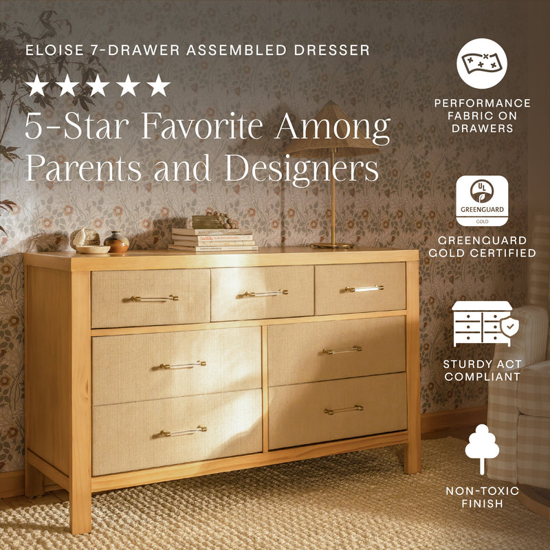M24816HYPSEW,Eloise 7-Drawer Assembled Dresser in Honey & Performance Sand Eco-Weave