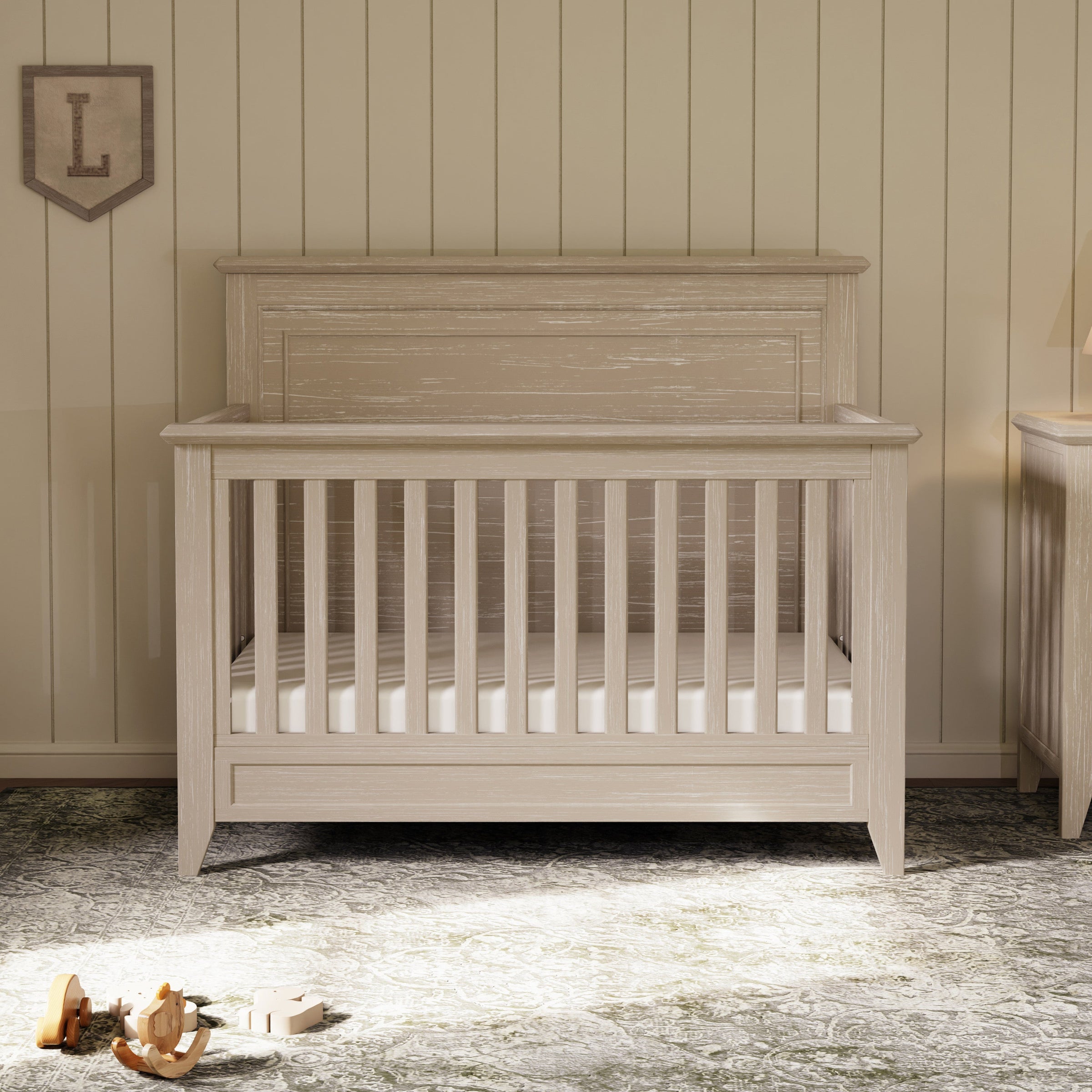 M24401SDB,Beckett Rustic 4-in-1 Convertible Flat Top Crib in Sandbar