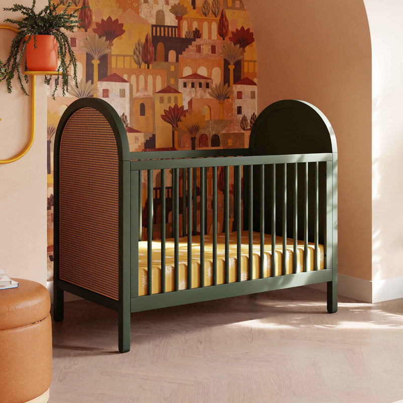 M25601FRGRNC,Bondi Cane 3-in-1 Convertible Crib w/ Toddler Bed Kit in Forest Green w/ Natural Cane