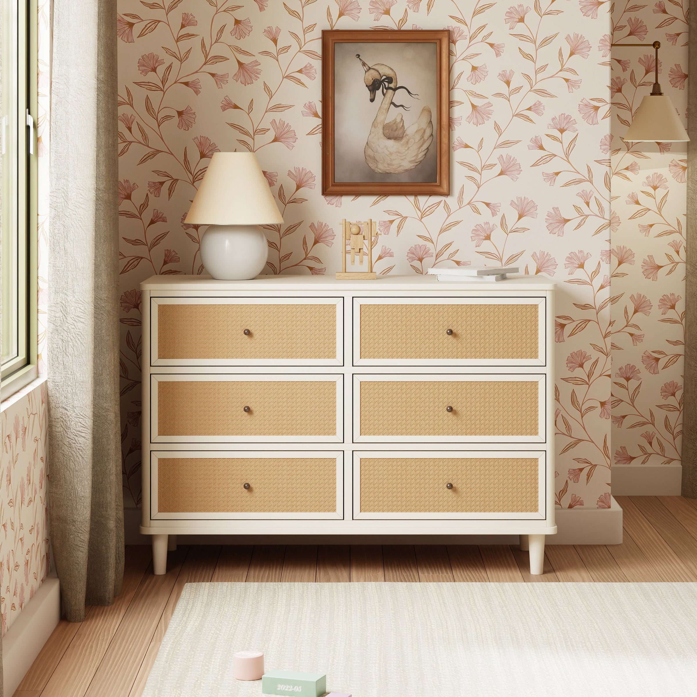 M23716RWHC,Marin with Cane 6 Drawer Assembled Dresser in Warm White and Honey Cane