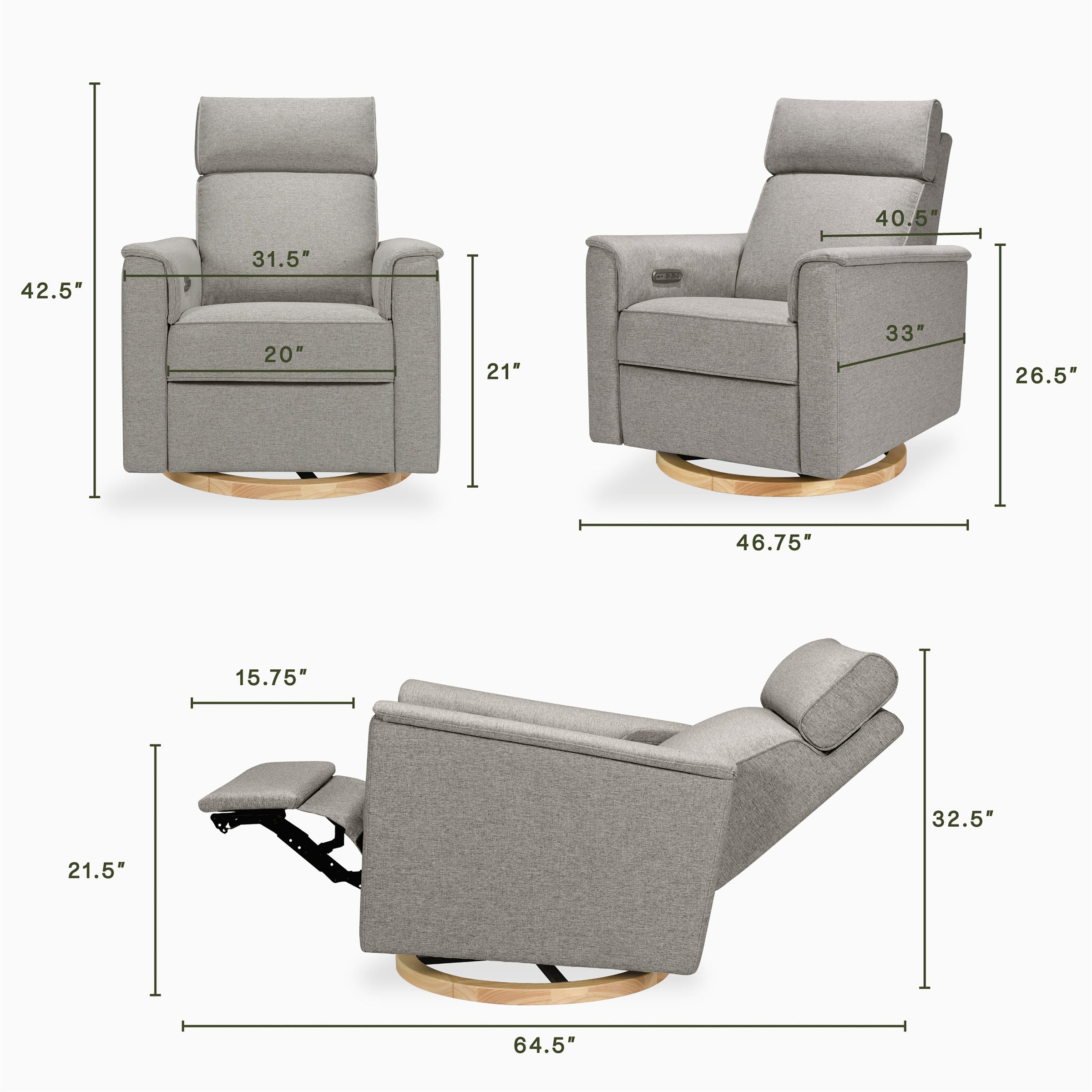 B17186PGEWLB,Willa Plus Power Glider Recliner w/ Power Headrest in Performance Grey Eco-Weave w/Light Wood Base