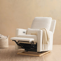 M23085WBLB,Sigi Glider Recliner w/ Electronic Control and USB in Ivory Boucle w/ Light Wood Base