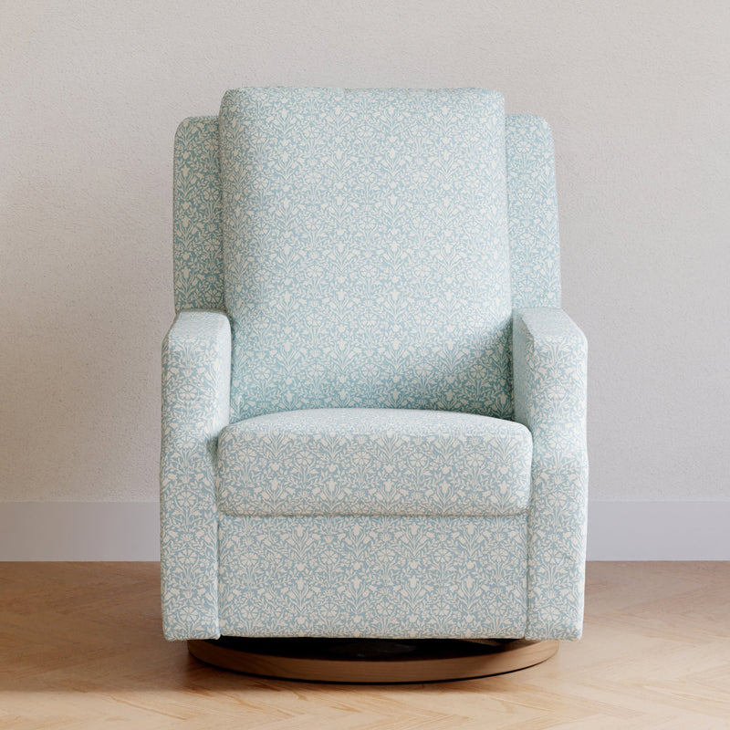 M22287BPBDB,Crewe Recliner and Swivel Glider in Bellflowers in Powdered Blue w/Dark Wood Base