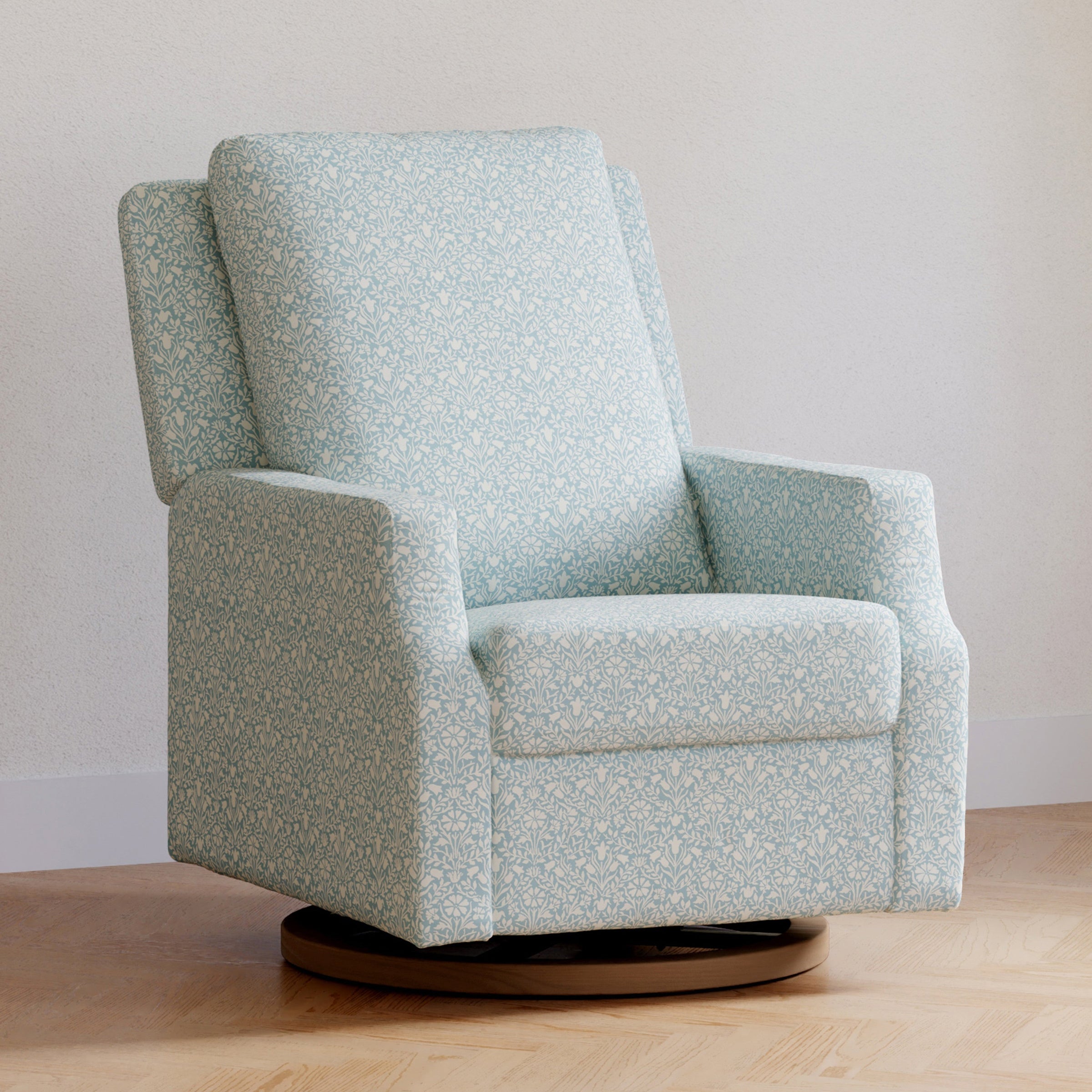 M22287BPBDB,Crewe Recliner and Swivel Glider in Bellflowers in Powdered Blue w/Dark Wood Base