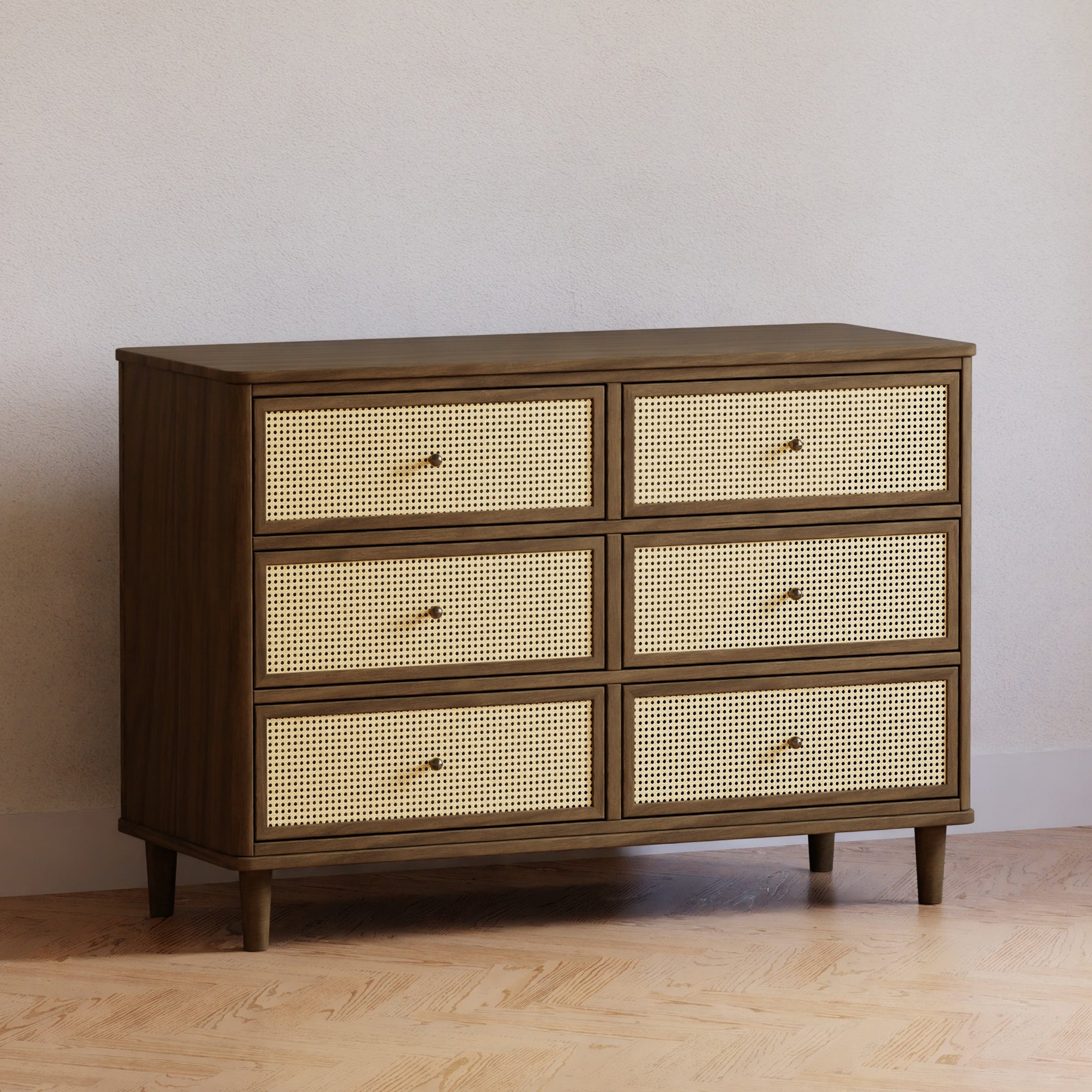 M23716NLBC,Marin with Cane 6 Drawer Assembled Dresser in Natural Walnut and Blonde Cane