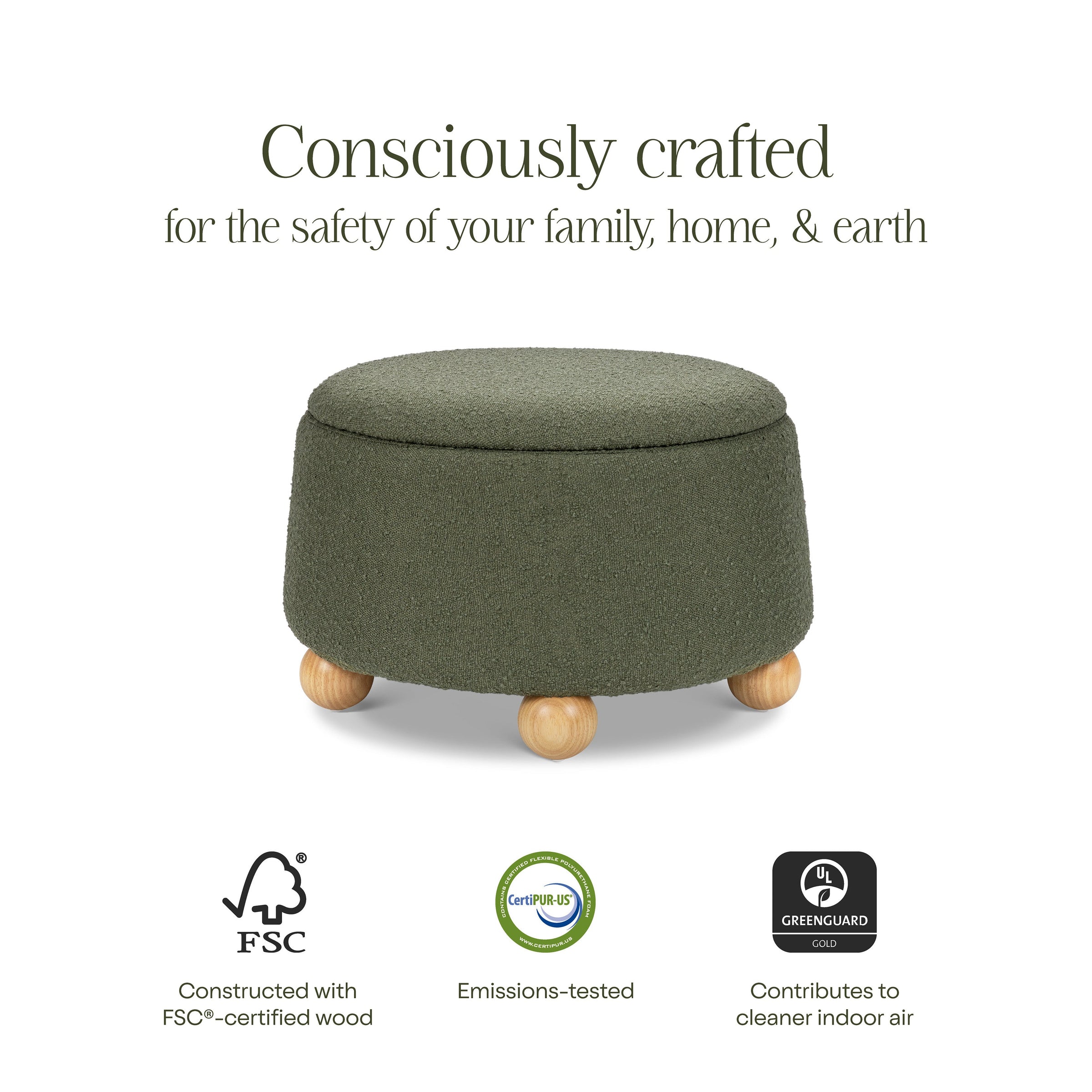 M30985POBHF,Tuffet Storage Ottoman in Performance Olive Boucle w/Honey Ball Feet