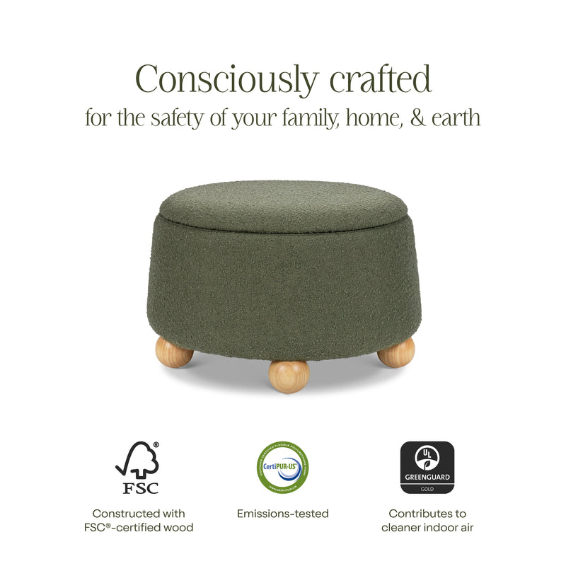 M30985POBHF,Tuffet Storage Ottoman in Performance Olive Boucle w/Honey Ball Feet