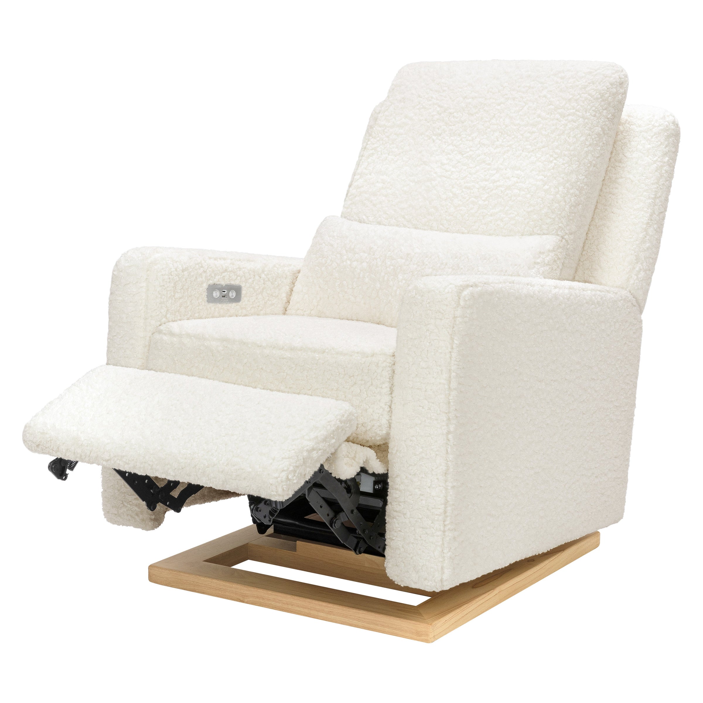 M23085CMSGLB,Sigi Glider Recliner w/ Electronic Control and USB in Cream Shearling w/Light Wood Base