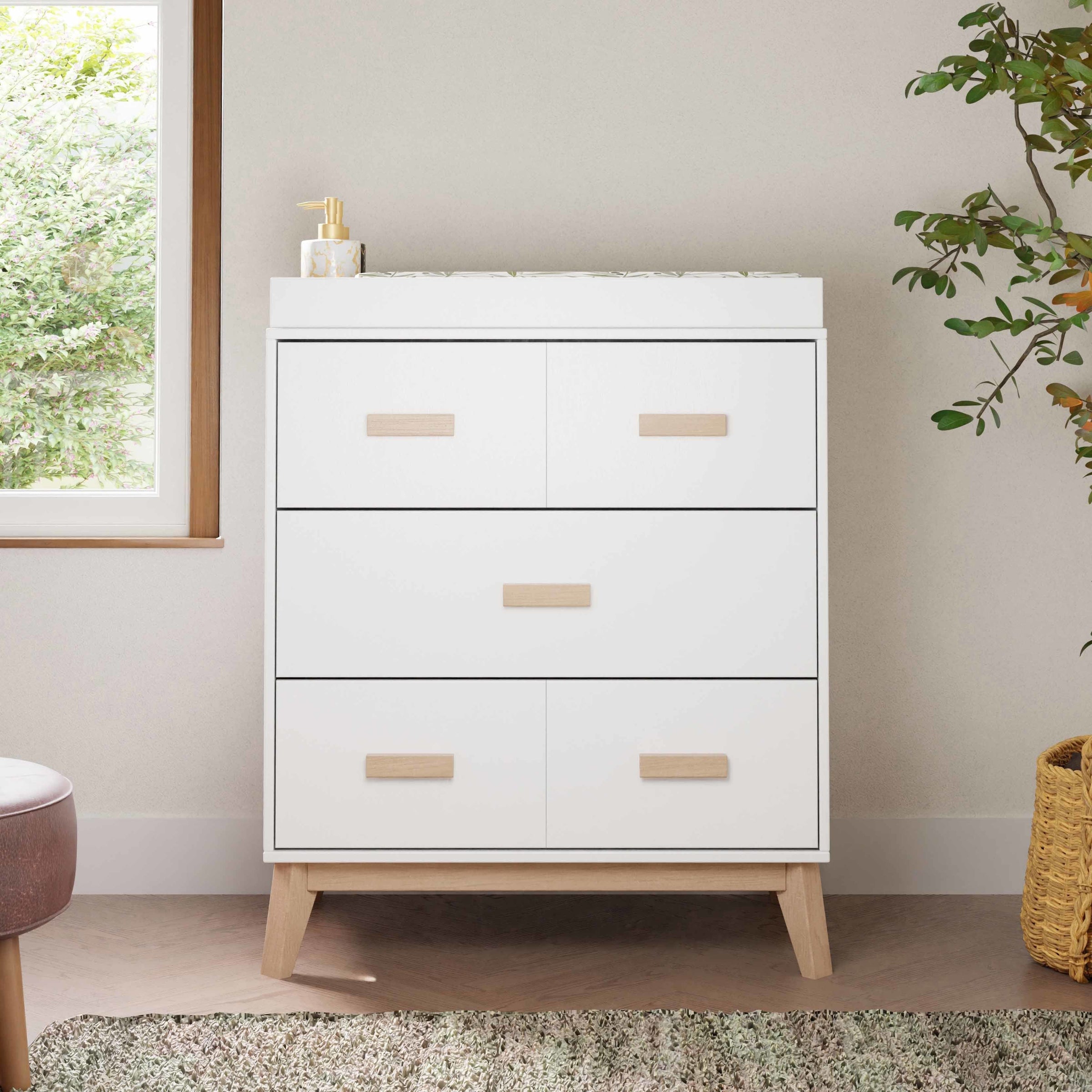 M5823WNX,Scoot 3-Drawer Changer Dresser in White/Washed Natural Finish