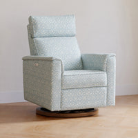 M17186BPBDB,Willa Plus Power Glider Recliner w/ Power Headrest in Bellflowers in Powdered Blue w/ Dark Wood Base