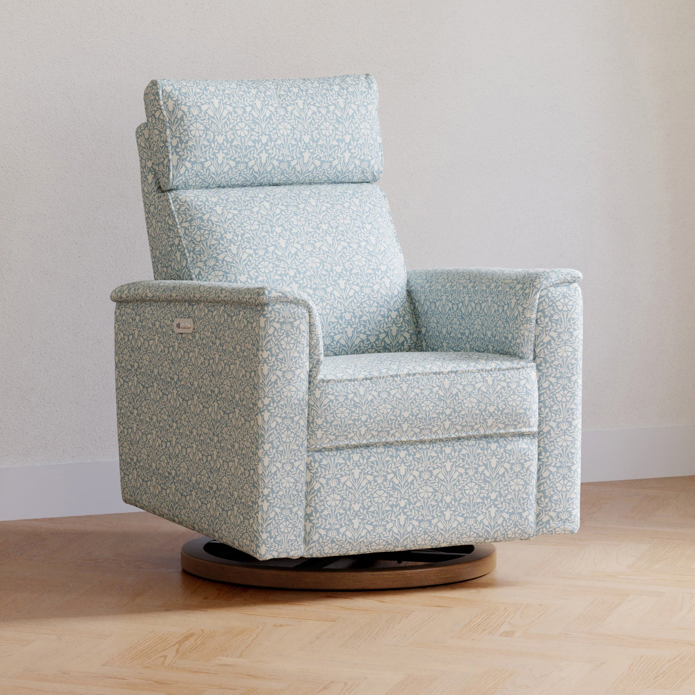 M17186BPBDB,Willa Plus Power Glider Recliner w/ Power Headrest in Bellflowers in Powdered Blue w/ Dark Wood Base