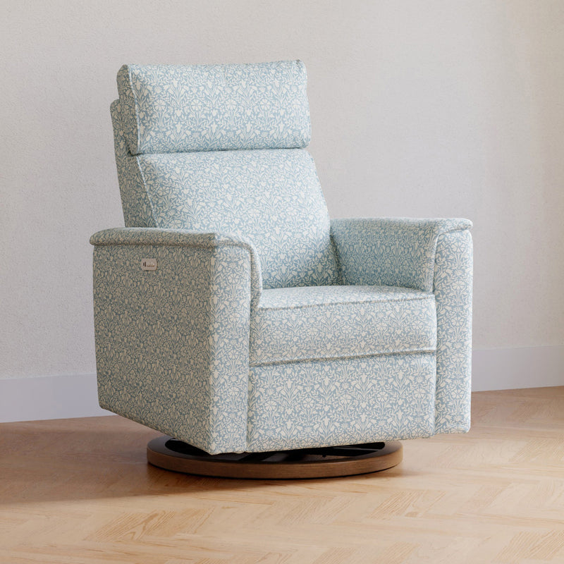 M17186BPBDB,Willa Plus Power Glider Recliner w/ Power Headrest in Bellflowers in Powdered Blue w/ Dark Wood Base