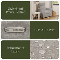 B17186PGEWLB,Willa Plus Power Glider Recliner w/ Power Headrest in Performance Grey Eco-Weave w/Light Wood Base