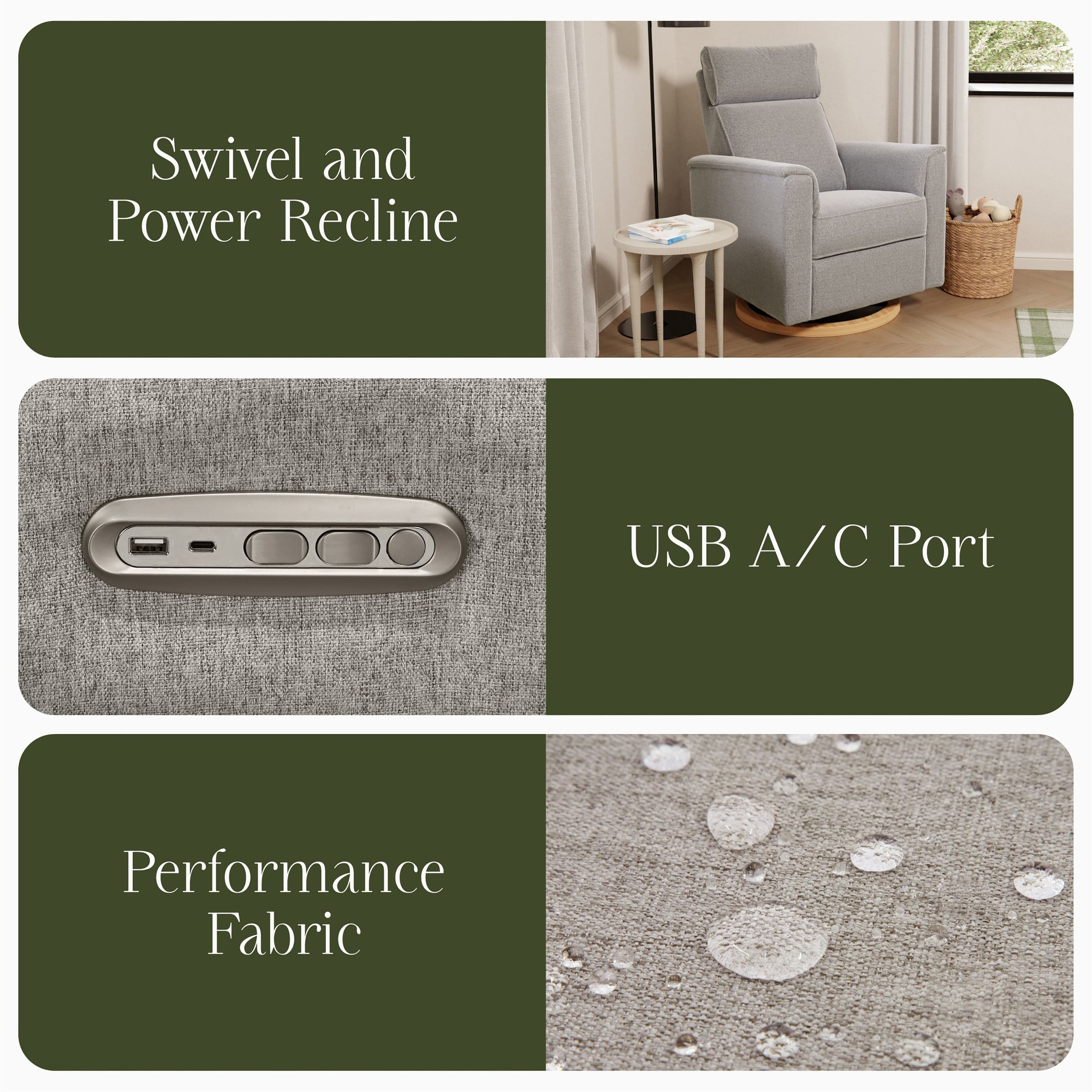 B17186PGEWLB,Willa Plus Power Glider Recliner w/ Power Headrest in Performance Grey Eco-Weave w/Light Wood Base