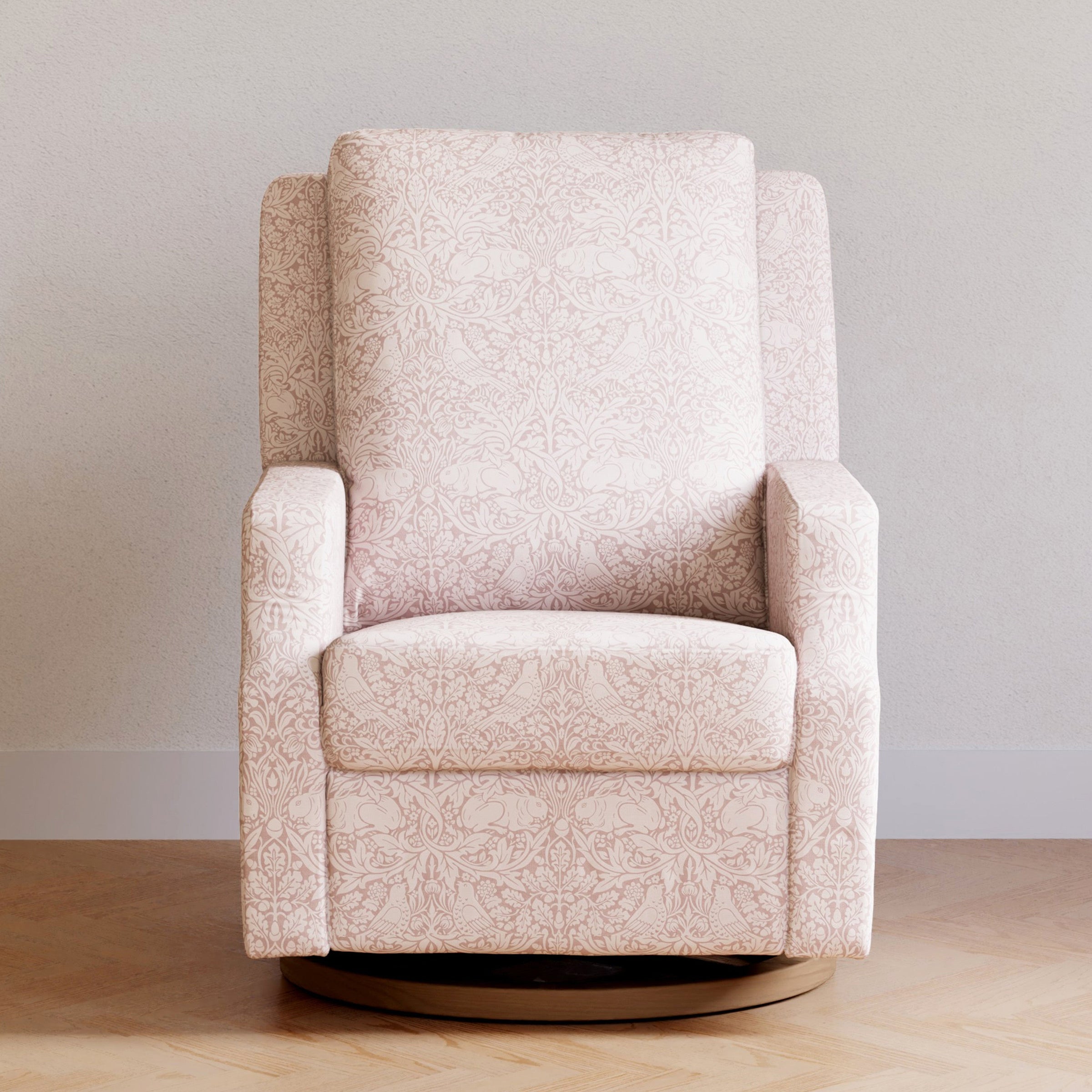M22287PBRRDB,Crewe Recliner and Swivel Glider in Pure Brer Rabbit in Rose w/Dark Wood Base