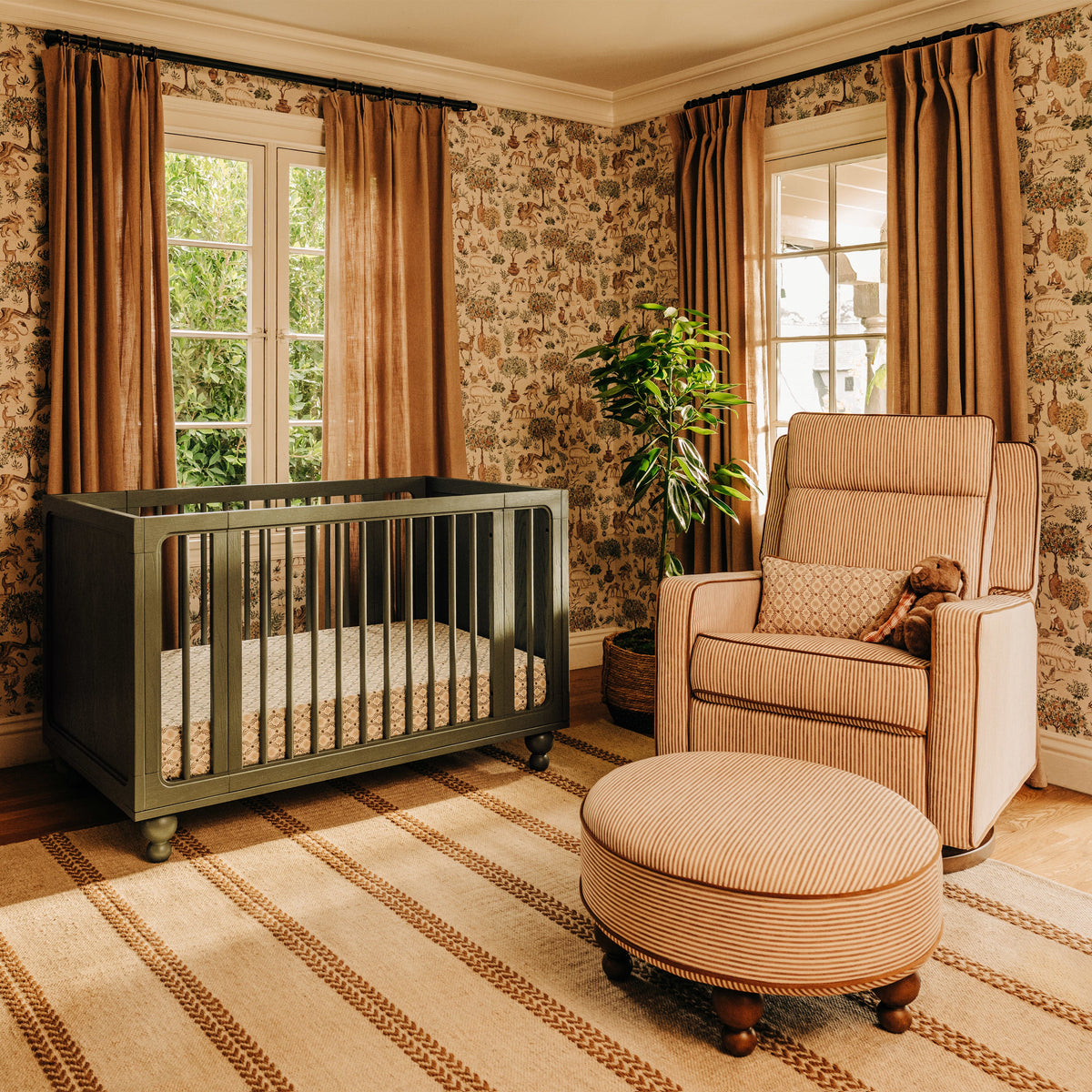 M33385BSCTF,Nate Berkus x Babyletto Astre Ottoman in Perf Bronze Stripe Eco-Crossweave w/Toffee feet