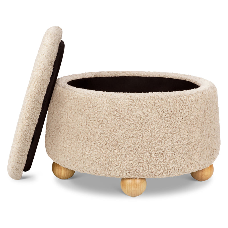 M30985CSGHF,Tuffet Storage Ottoman in Chai Shearling w/Honey Ball Feet