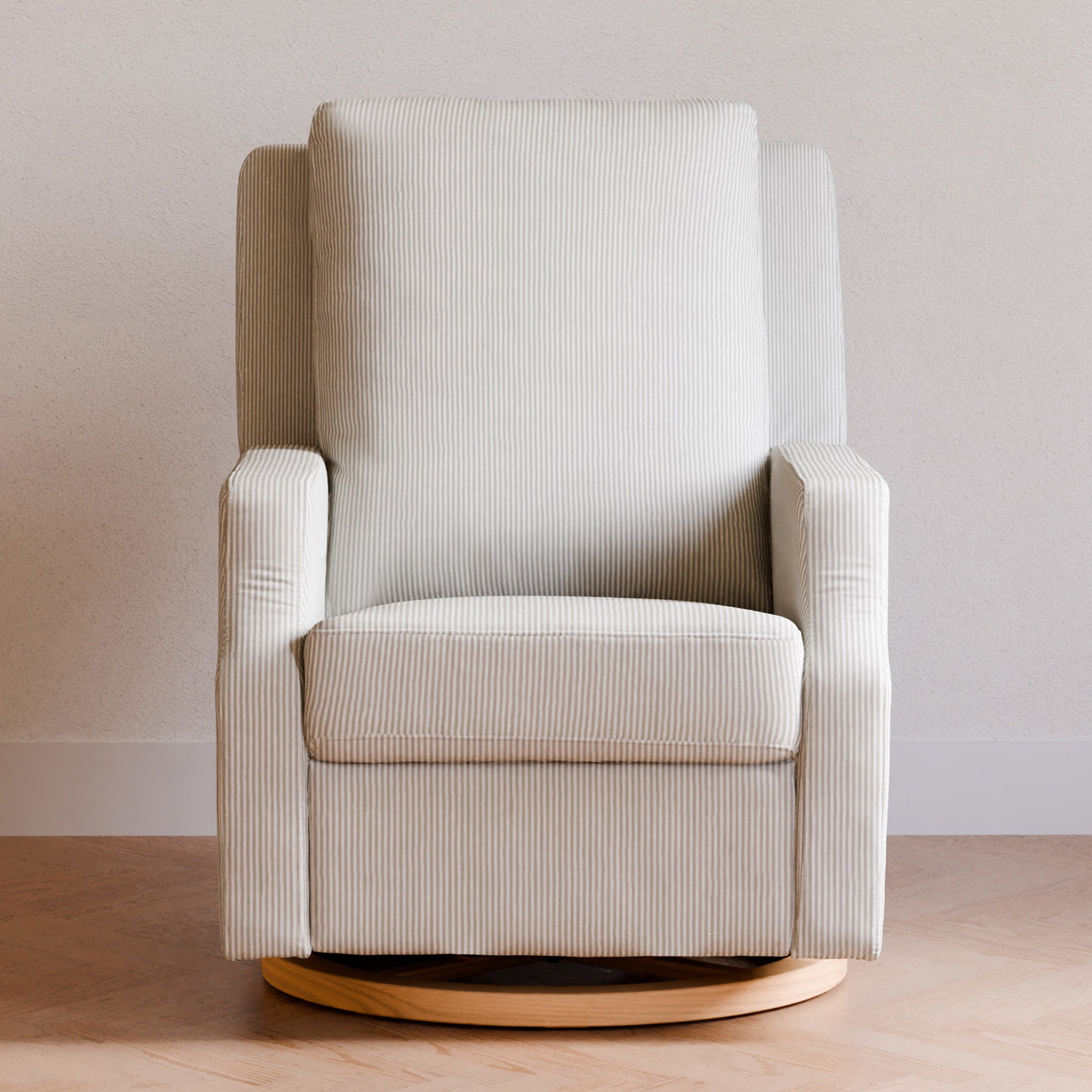 M22286FCSLB,Crewe Electronic Swivel Glider Recliner in Fog Chatham Stripe Performance Eco-Weave w/LB