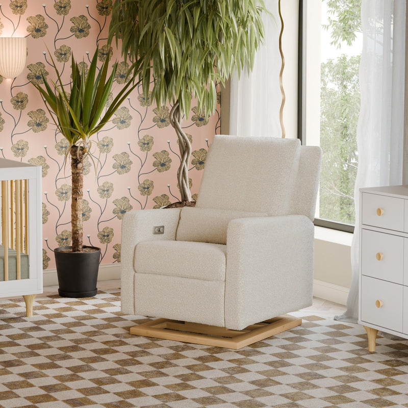 M23085WBLB,Sigi Glider Recliner w/ Electronic Control and USB in Ivory Boucle w/Light Wood Base