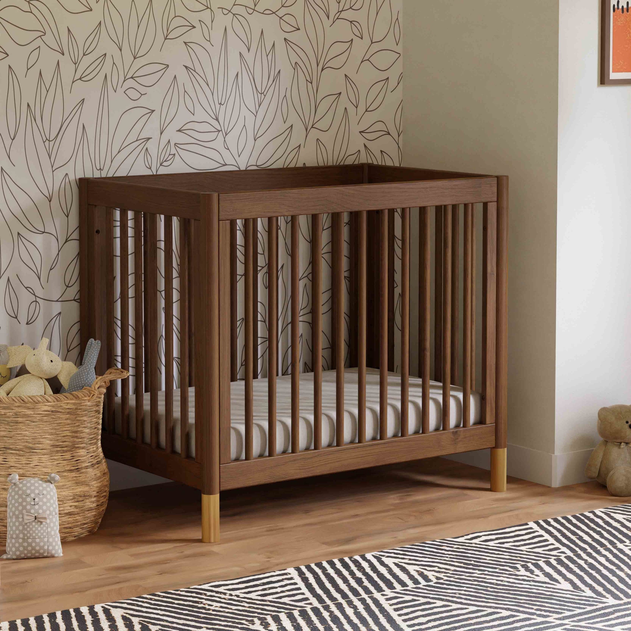 M12998NLGLD,Gelato 4-in-1 Convertible Mini Crib and Twin bed in Natural Walnut Finish with Gold Feet