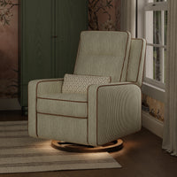 M23082OSCTB,Nate Berkus x Babyletto Sigi Pro Power Recliner in Perf Olive Stripe Eco-Crossweave w/Toffee Base