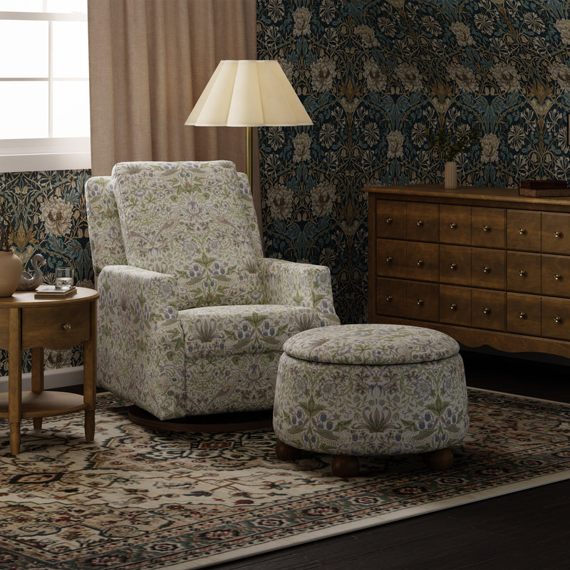 M30985TTFTDF,Tuffet Storage Ottoman Strawberry Thief in Fig&Thyme w/DarkWood Ball Feet