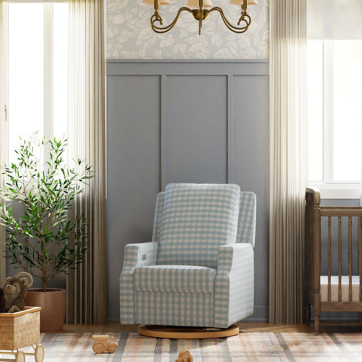 M22286BGHLB,Crewe Electronic Swivel Glider Recliner in Blue Gingham with Light Wood Base