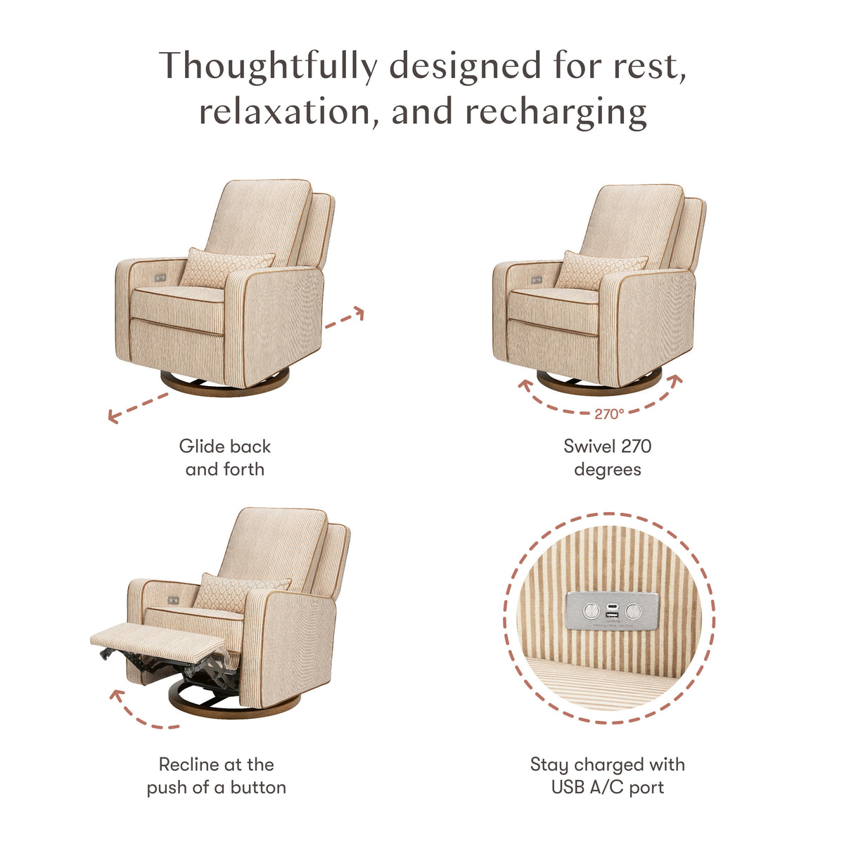 M23085BSCTB,Nate Berkus x Babyletto Sigi Power Recliner in Perf Bronze Stripe Eco-Crossweave w/Toffee Base