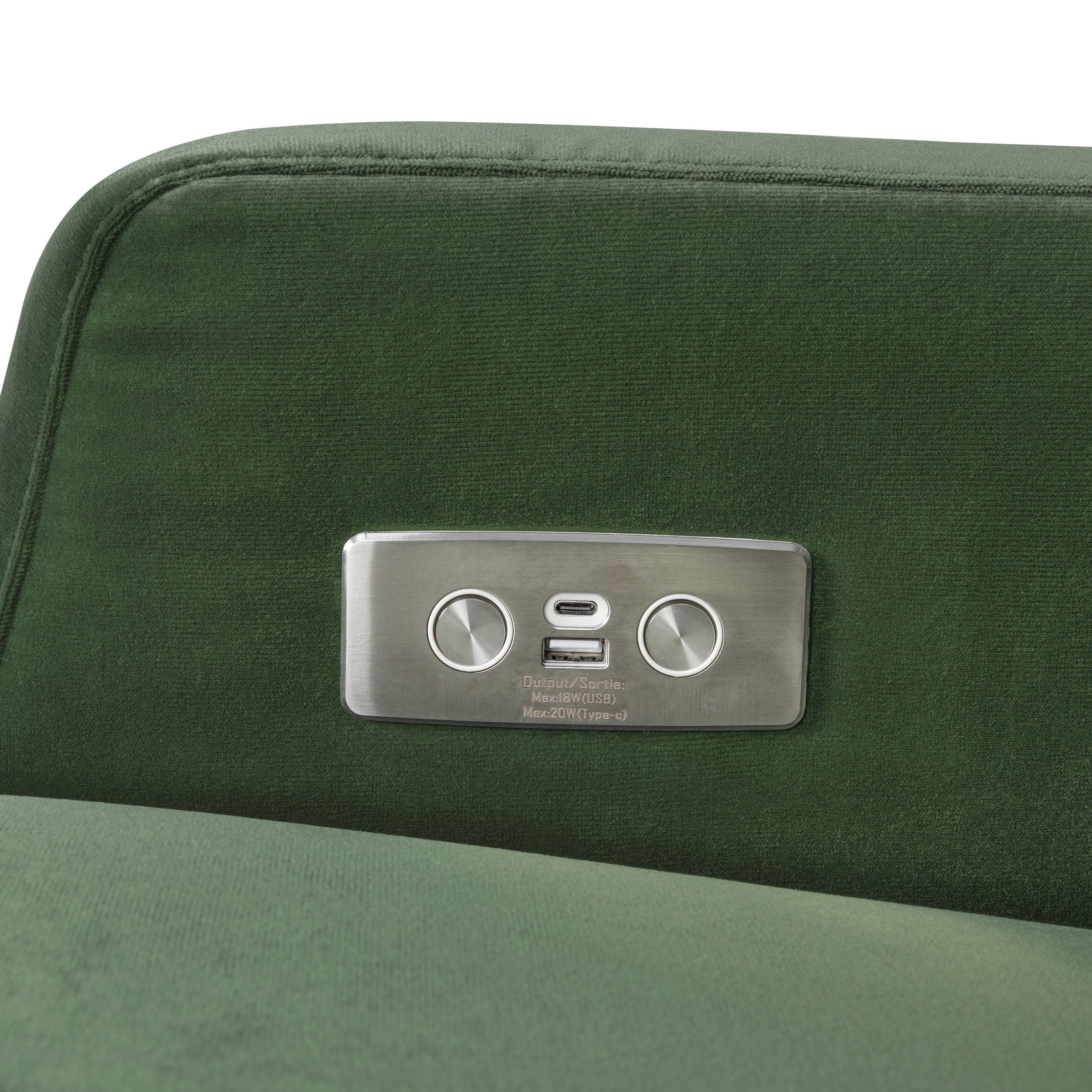 M22286FGVLB,Crewe Electronic Swivel Glider Recliner in Forest Green Velvet w/Light Wood Base
