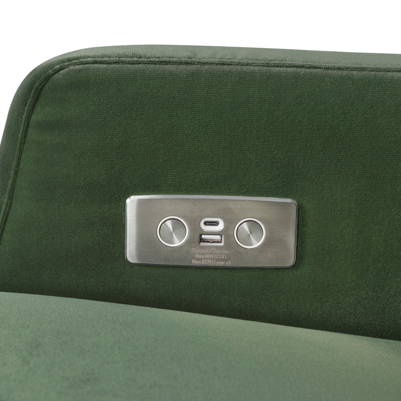 M22286FGVLB,Crewe Electronic Swivel Glider Recliner in Forest Green Velvet w/Light Wood Base