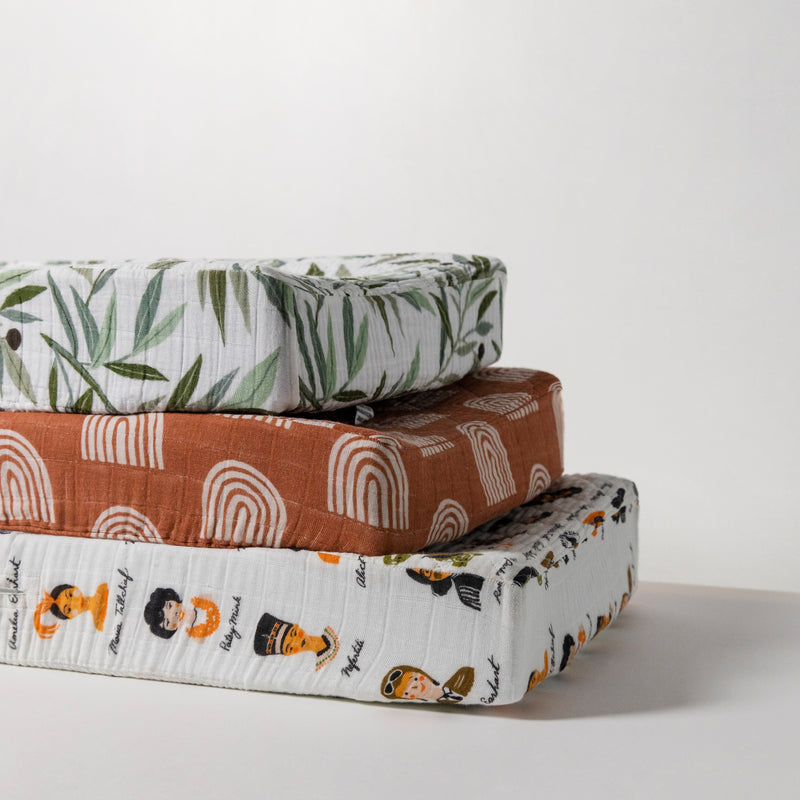 T28437,Women In History Quilted Muslin Changing Pad Cover in GOTS Certified Organic Cotton