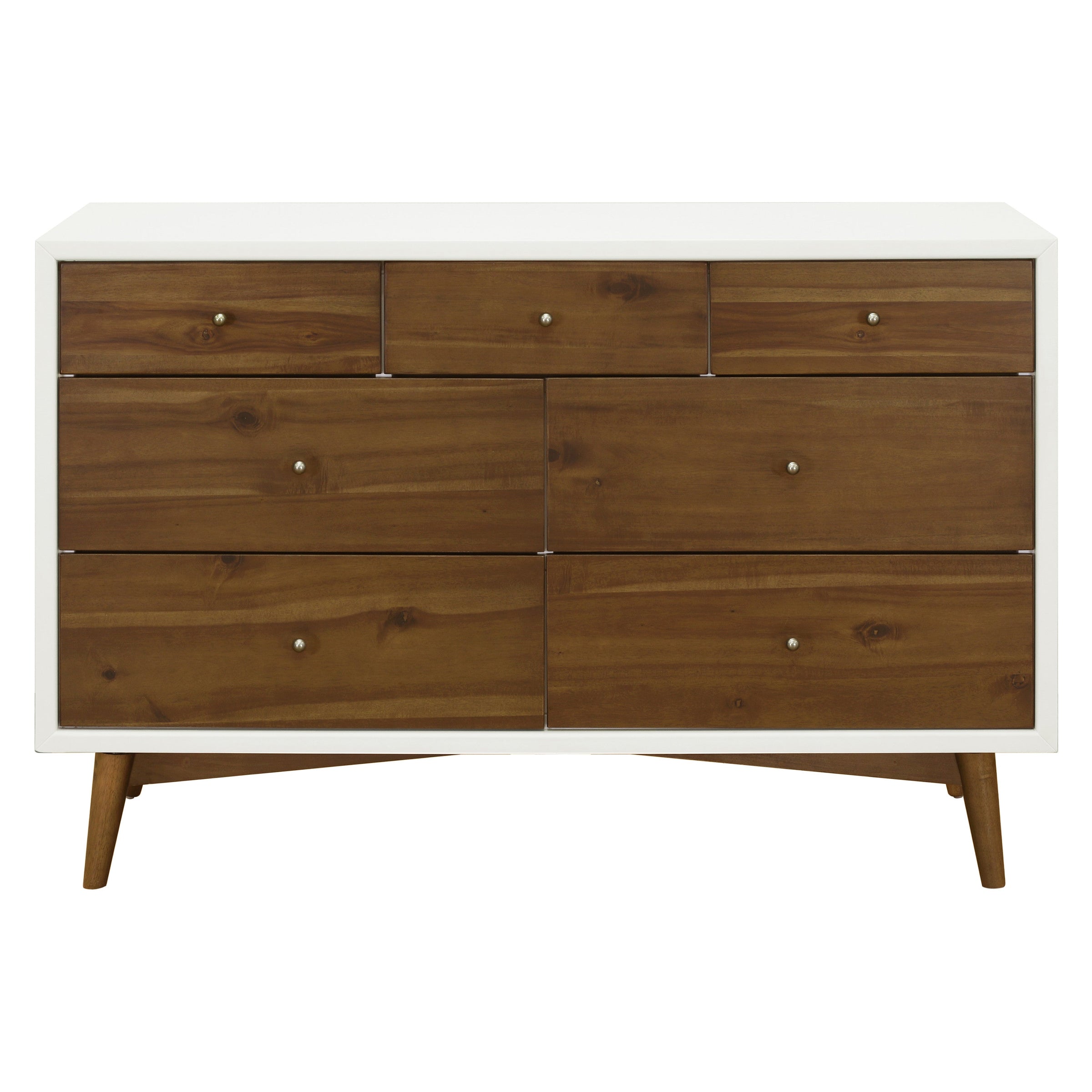 M15916RWNL,Palma 7-Drawer Double Dresser  Assembled in Warm White w/Natural Walnut