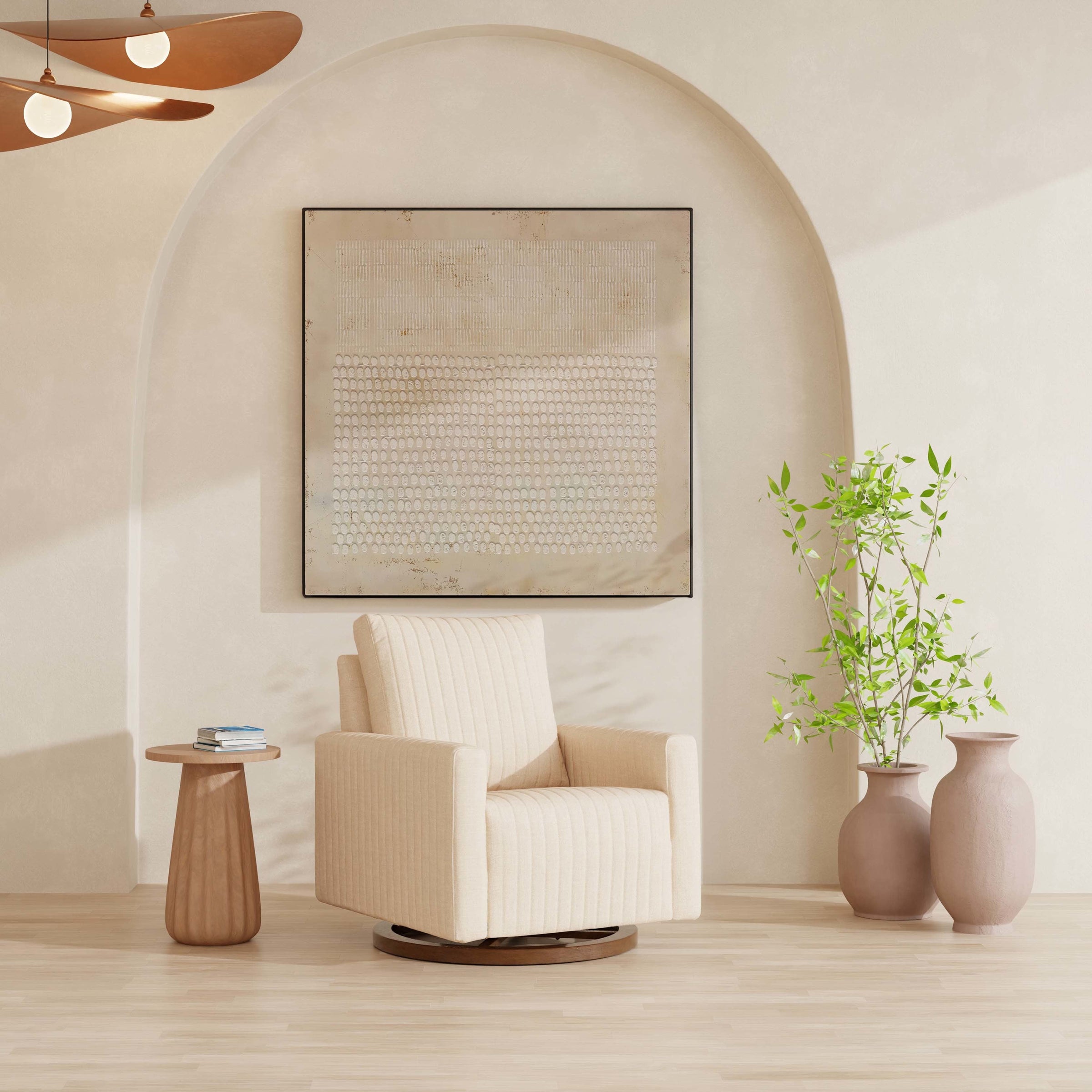 M26687PCMEWDB,Poe Channeled Swivel Glider in Performance Cream Eco-Weave w/ Dark Wood Base