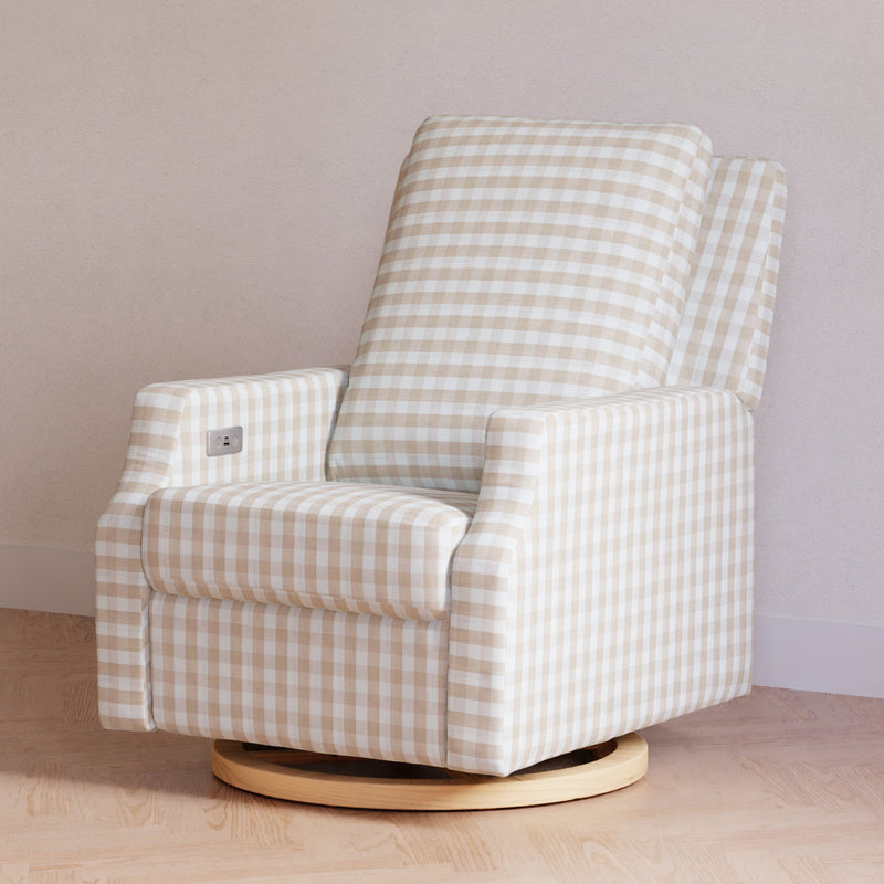 M22286TGHLB,Crewe Electronic Swivel Glider Recliner in Tan Gingham with Light Wood Base