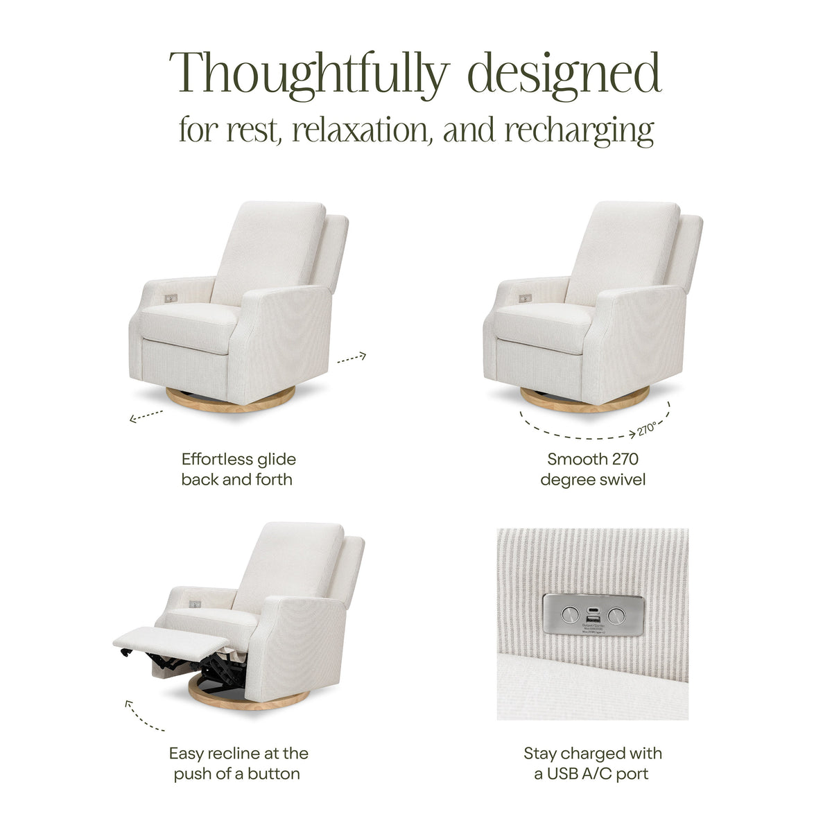 M22286FCSLB,Crewe Electronic Swivel Glider Recliner in Fog Chatham Stripe Performance Eco-Weave w/LB